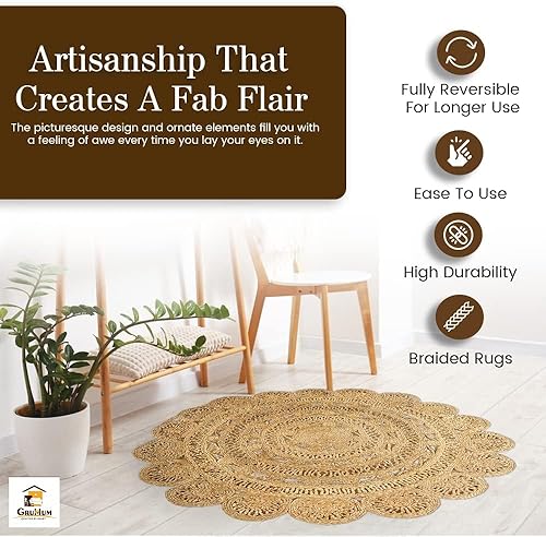 Miniatura 7 de GRUHUM Alfombra tejida a mano de yute de 4 pies, de fibra natural, redonda, hecha a mano, estilo bohemio, rústico, vintage, suave, trenzada,
