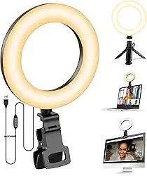 Tobeape Ring Light 5" com Tripé e Clipe, Luz de Selfie com 5 Cores e 10 Níveis de Brilho, Rotação 360° para Mesa, Maquiagem, Zoom e TikTok