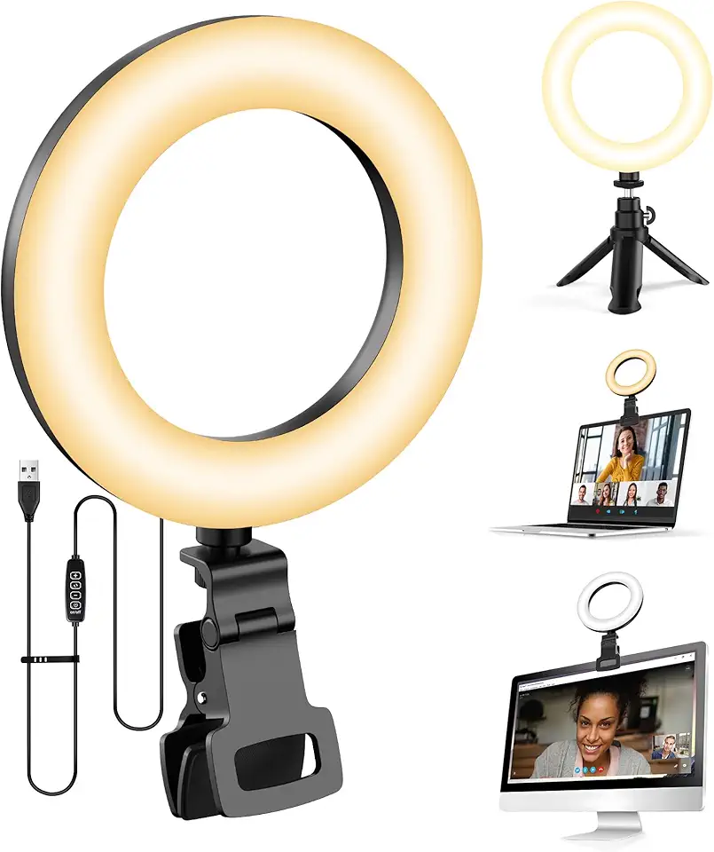 Tobeape Ring Light 5" com Tripé e Clipe, Luz de Selfie com 5 Cores e 10 Níveis de Brilho, Rotação 360° para Mesa, Maquiagem, Zoom e TikTok