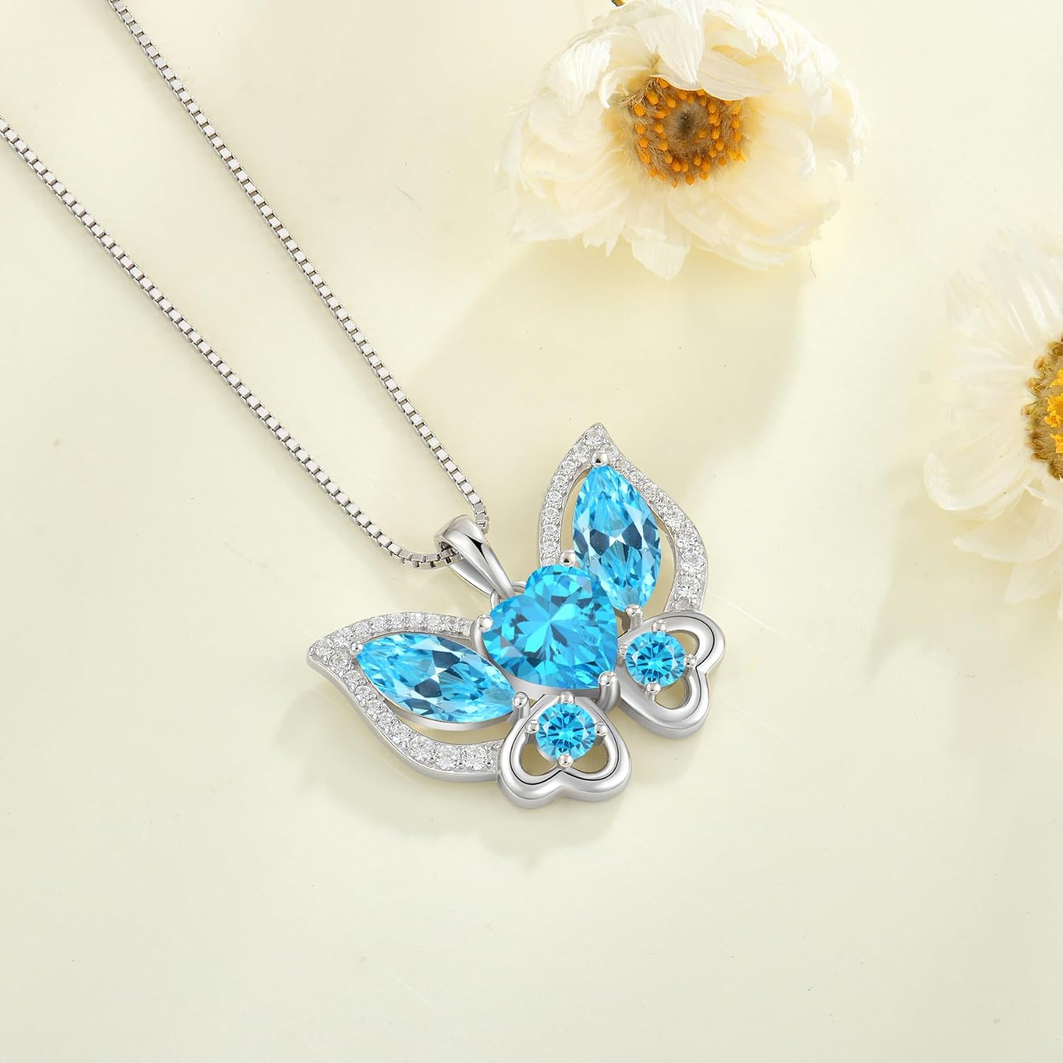 Butterfly Pendant Necklace for Women 925 Sterling Silver Heart Birthstone Jewelry Gifts for Her