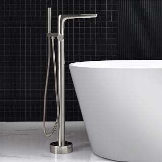 WOODBRIDGE Contemporary Single Handle Floor Mount Freestanding Tub Filler Faucet with Hand shower in Brushed Nickel Finish,F0014BN