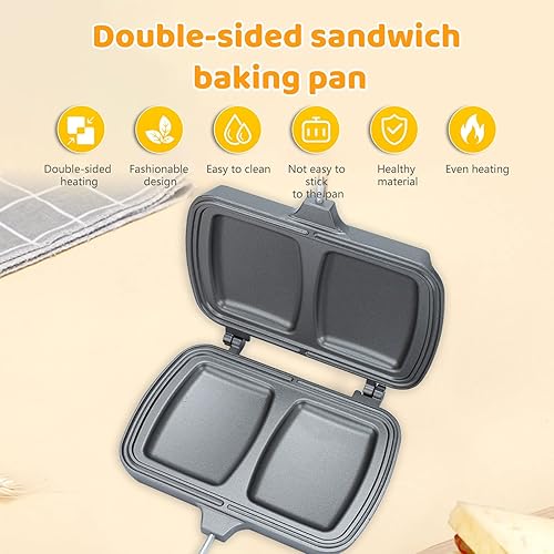 Miniatura 5 de Sartén para hornear sándwiches de doble cara, portátil para sándwiches calientes, fácil de limpiar, para el hogar, cocina, antiadherente, sartén