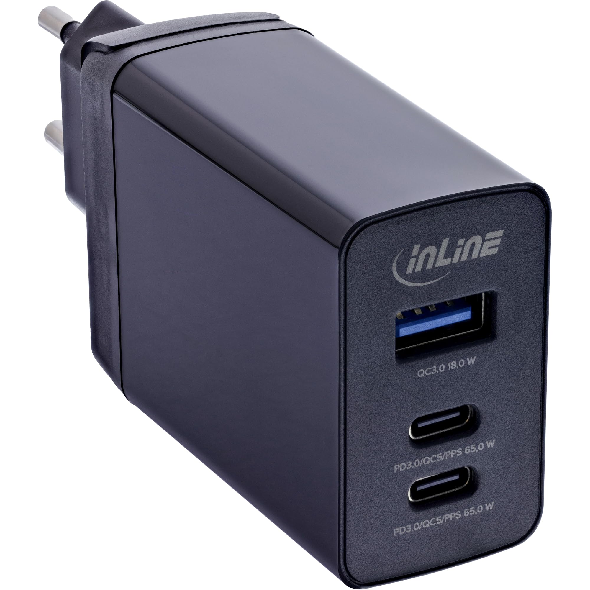 Inline TravelCharge 31516D - Alimentatore a 3 porte con tecnologia GaN, 2 X USB-C (PD3.0, PPS, QC4+), 1 X USB-A (QC3.0), adattatore da viaggio EU/UK/US, colore: Nero