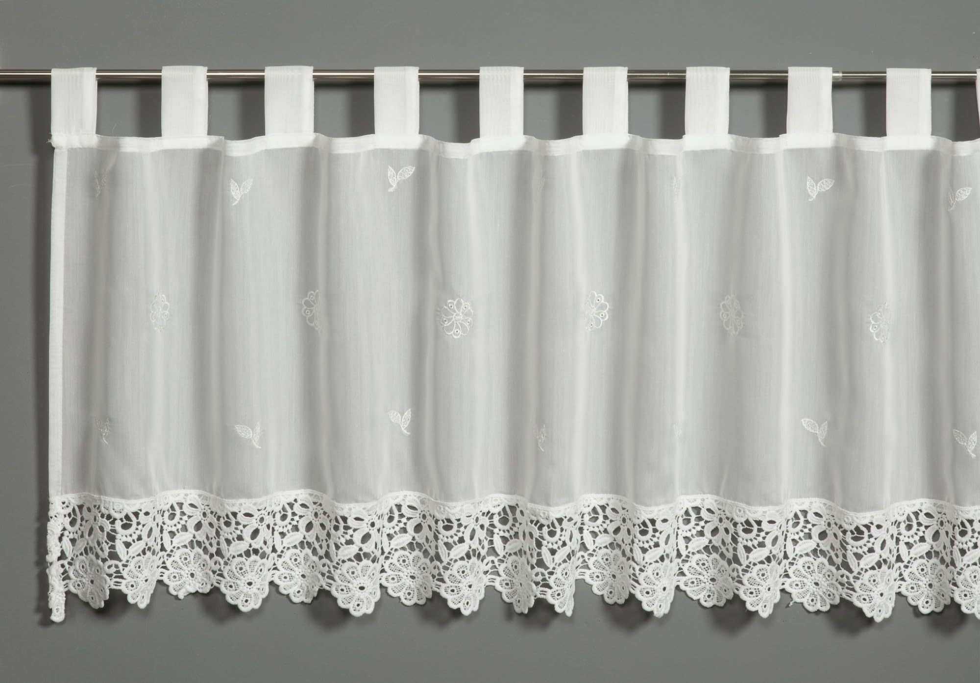Gardinia Batiste Bistro Curtain with Floral Embroidery and Lace Trim, White, 135 x 48 cm