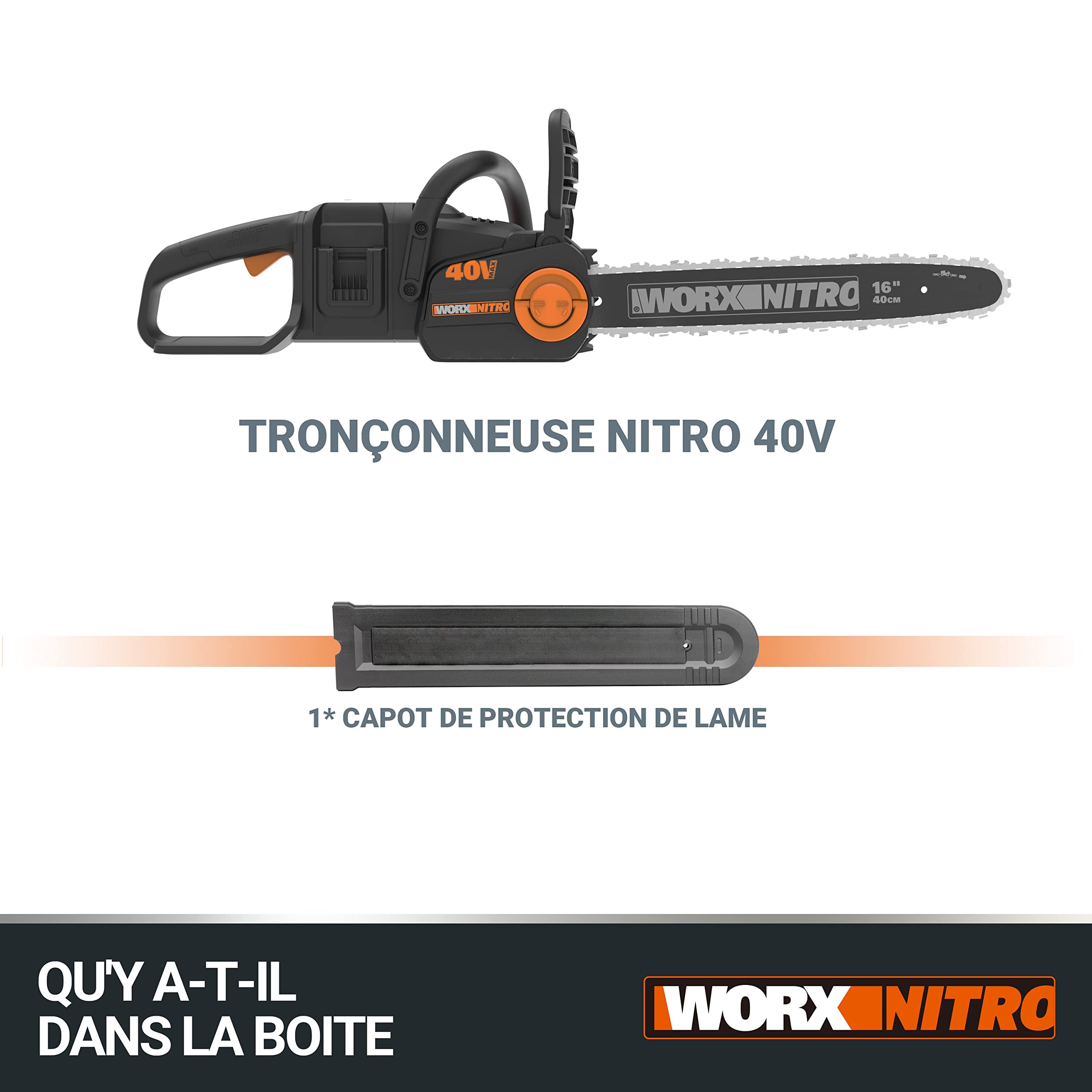 WORX Piła łańcuchowa Nitro 40V (2x20V) | PowerShare | WG385E.9 | Nie obejmuje baterii i ładowarki | Silnik bezszczotkowy | Miecz 40 cm | Hamulec łańcucha i automatyczne smarowanie