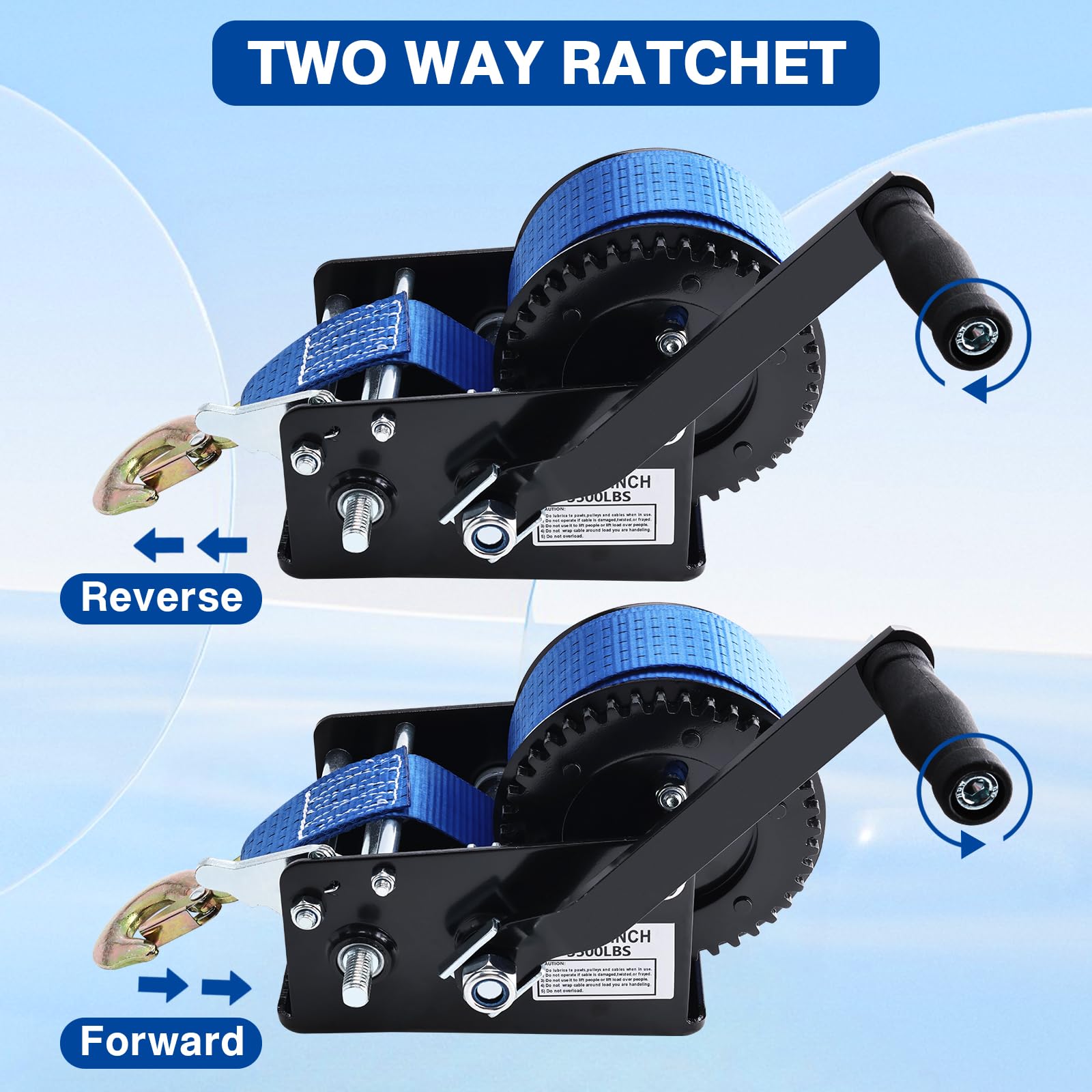 FreeTec Verricello manuale da 3500 lbs | Cinghia di sollevamento in poliestere da 10 m (50 mm) | Cambio a 2 marce per barche e camion