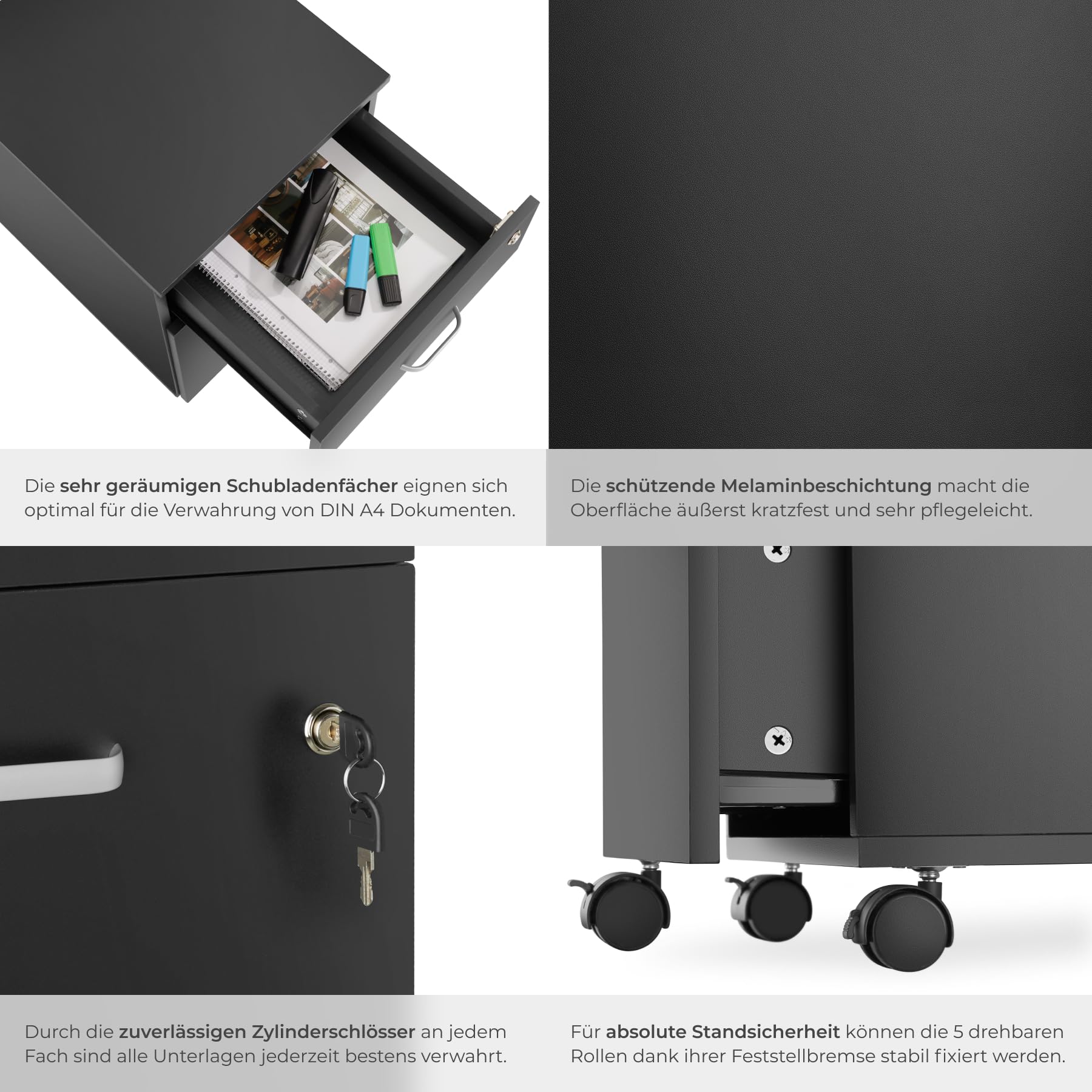 tectake® Rollcontainer mit Schubladen, Aktenschrank abschließbar, Kommode mit Schubladen, Rollwagen, Organizer für Dokumentenablage und Ordner A4 breit, Büroschrank, schwarz