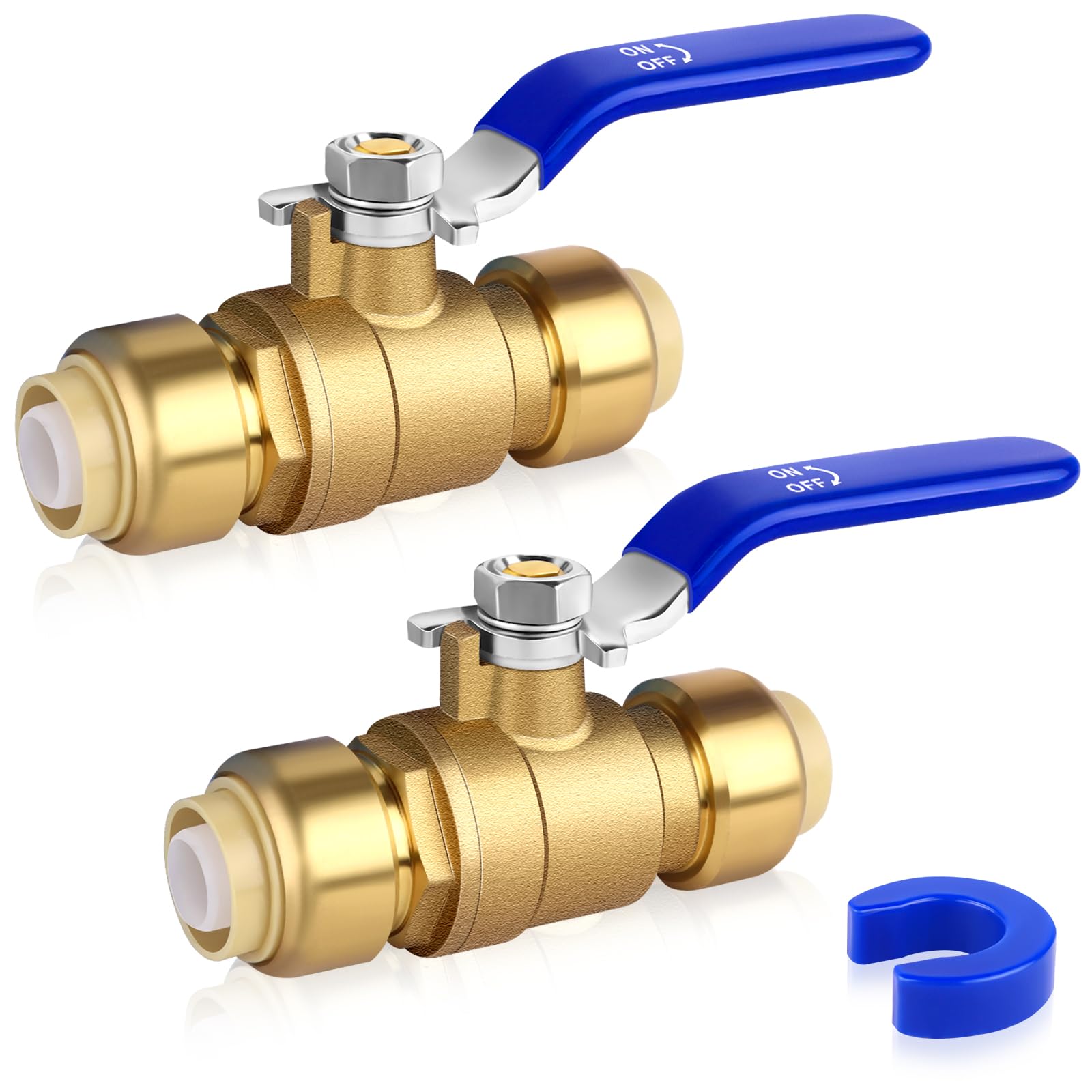 Push Fit Ball Valve, 2pcs 1/2 Inch x 1/2 Inch Push-to-Connect Water Shut Off Valve with 1 Disconnect Clip, Brass Plumbing Water Valve, Pex Push Ball Valve, Used for PEX or PVC Tubing or Copper Pipes