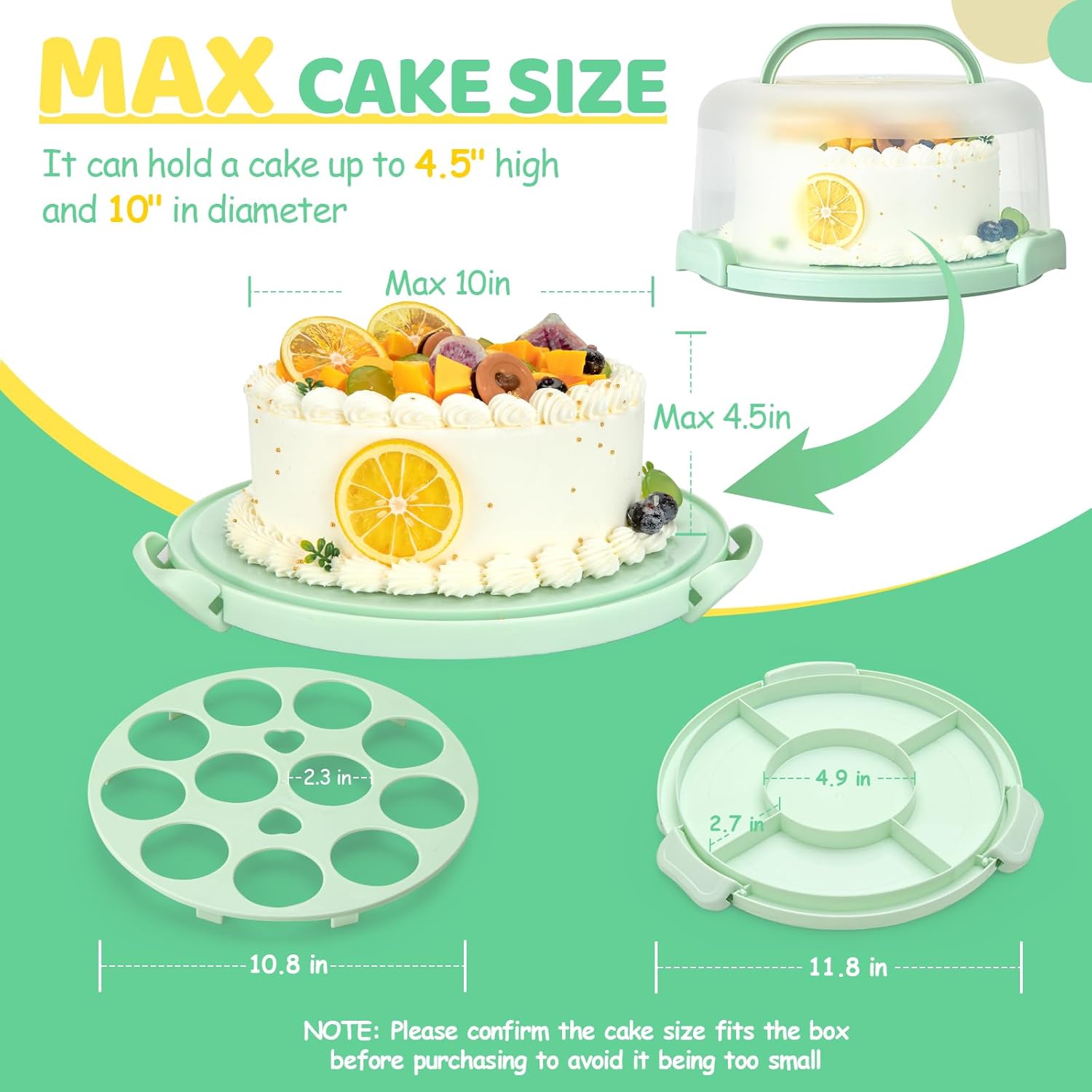 Ohuhu Cake Carrier with Lid and Handle, BPA-Free Cake Containers Cake Holder for 10 inch Cake with 2 Handles Cupcake Carrier - Plastic Cover Two Sided Base for Transport Pie Nuts Fruit Perfect Gifts - Image 6