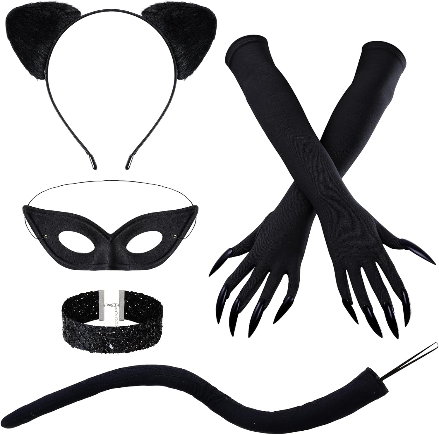5pcs Black Cat Costume Accessories Include Cat Ear Headband Mask Necklace Claw Gloves Tail for Women Halloween Cosplay Party