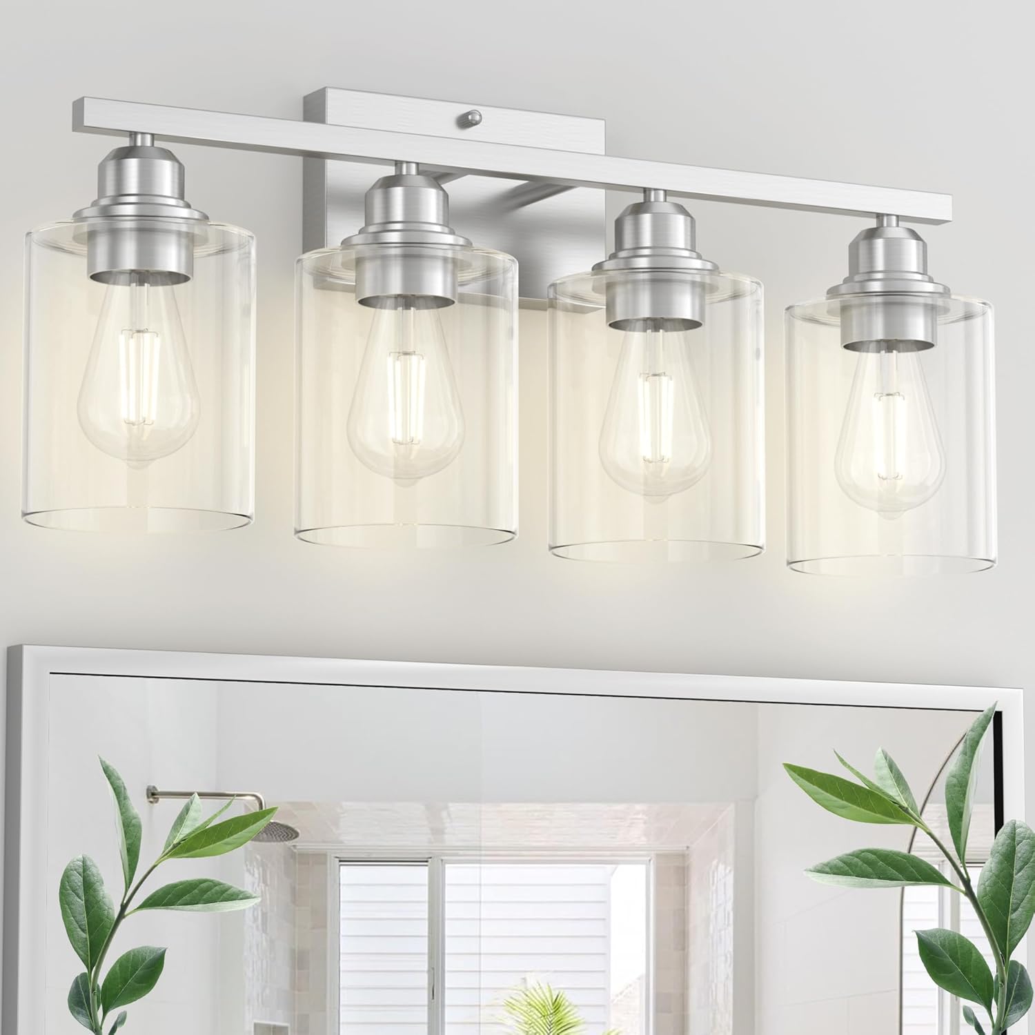 Sailstar 4-Light Bathroom Light Fixtures, Brushed Nickel Bathroom Vanity Light Over Mirror, Modern Vanity Lights for Bathroom with Clear Glass Lampshade, E26 Standard Base, Small Bathroom Light