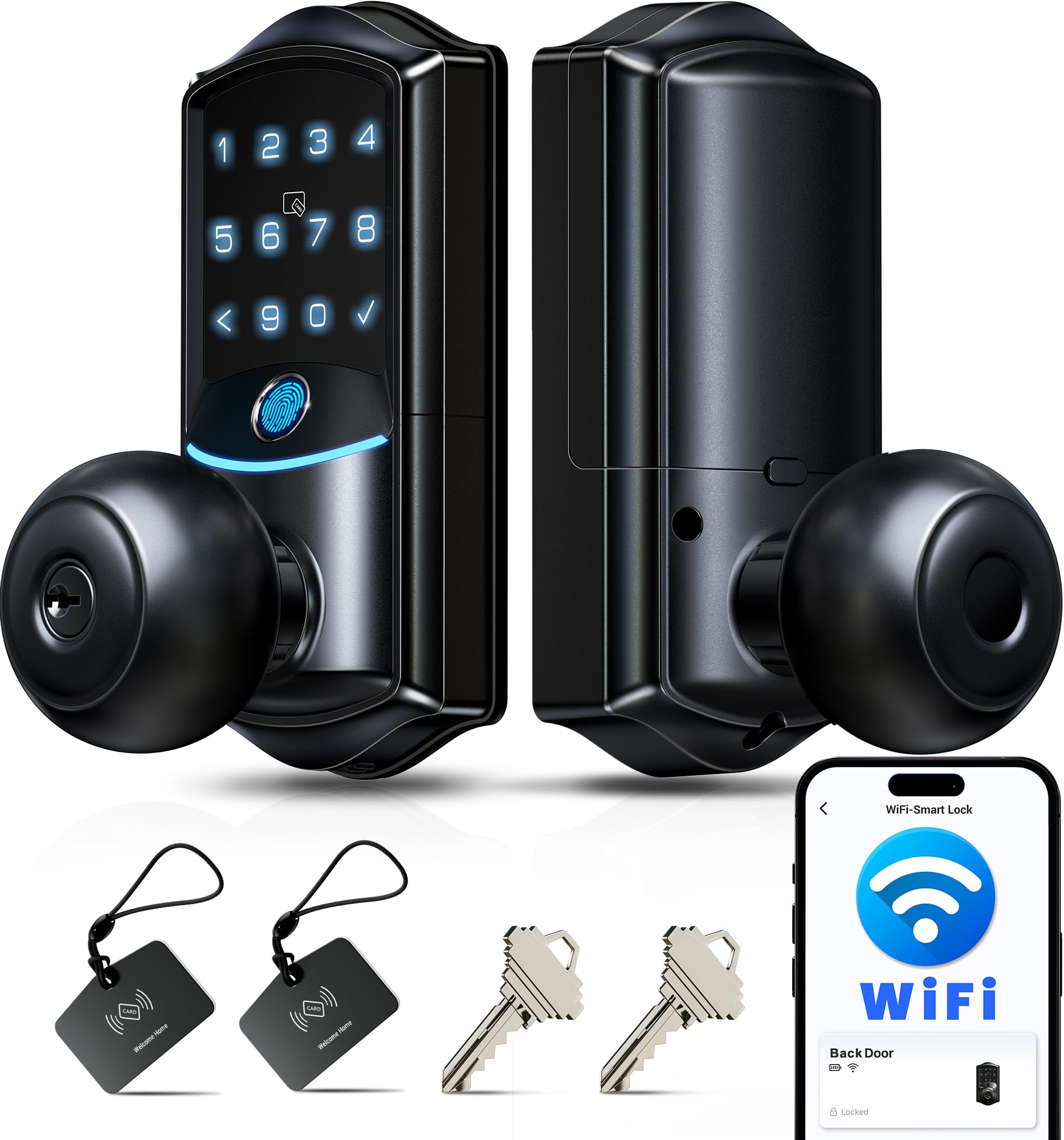 VeiseRemote App, Voice Control, Fob Unlock, Electronic Touchscreen Keypad, Keyless Entry, Auto Lock, for Front Door, Bedroom VE028 WiFi Fingerprint Smart Door Lock with Knob Handle, Matte Black