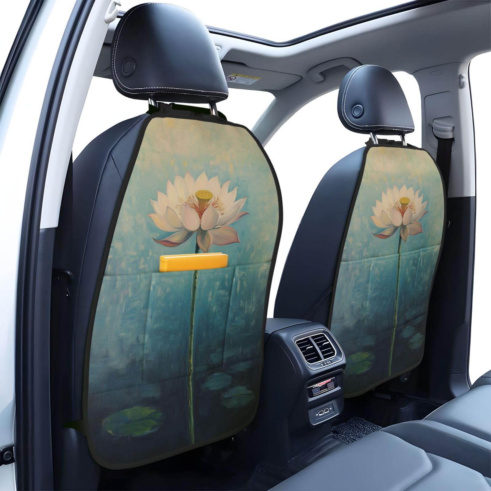 Single Lotus Flower Car Seat Back Kick Protectors,2 Pack Kick Mats With Storage Pockets For Vehicles To Protect From Dirt Mud Scratches