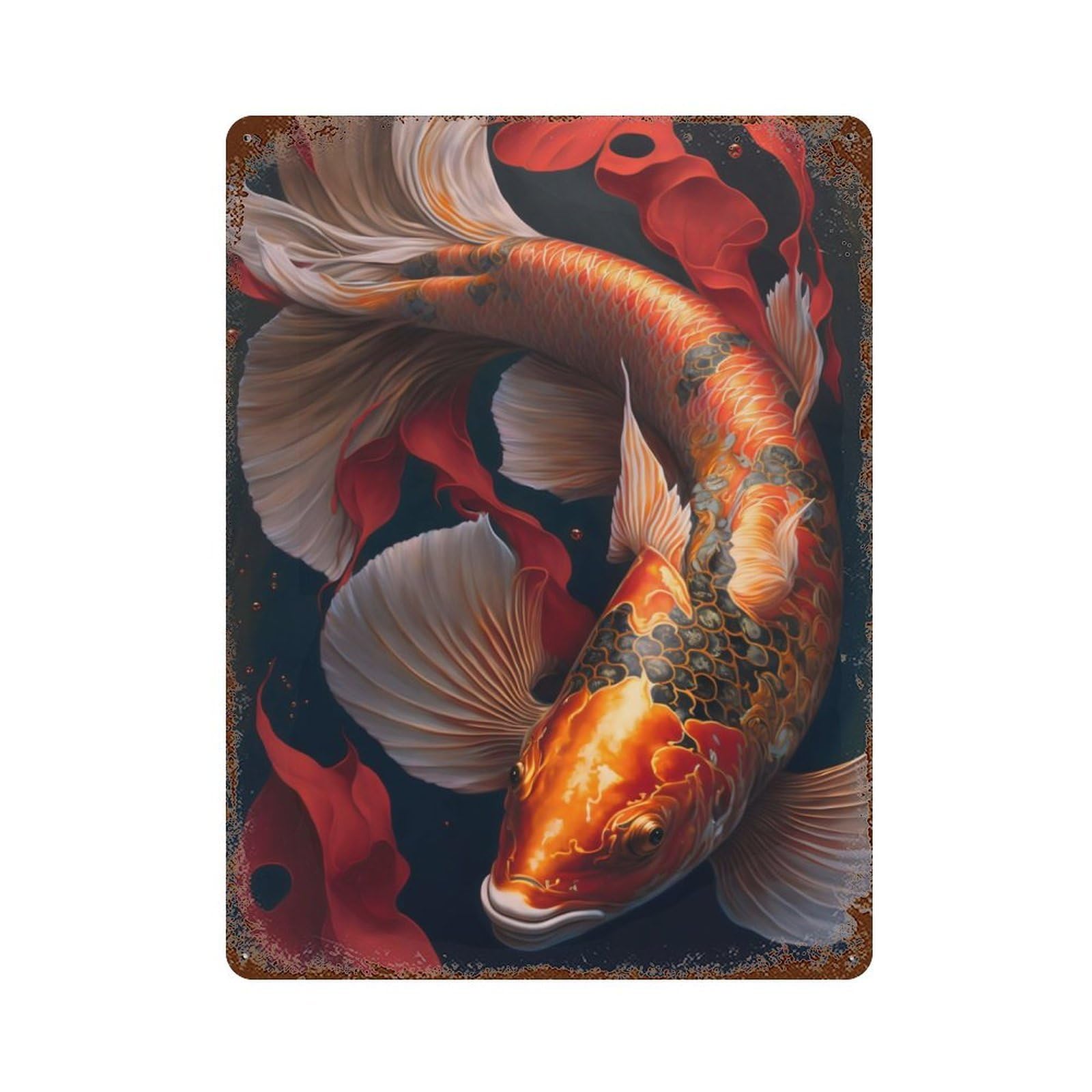Distressed Metal Wall Sign with Carpe Koi Fish Design 15.7"x11.8", for Living Room, Hallway And Home Decor, Vintage Wall Decor