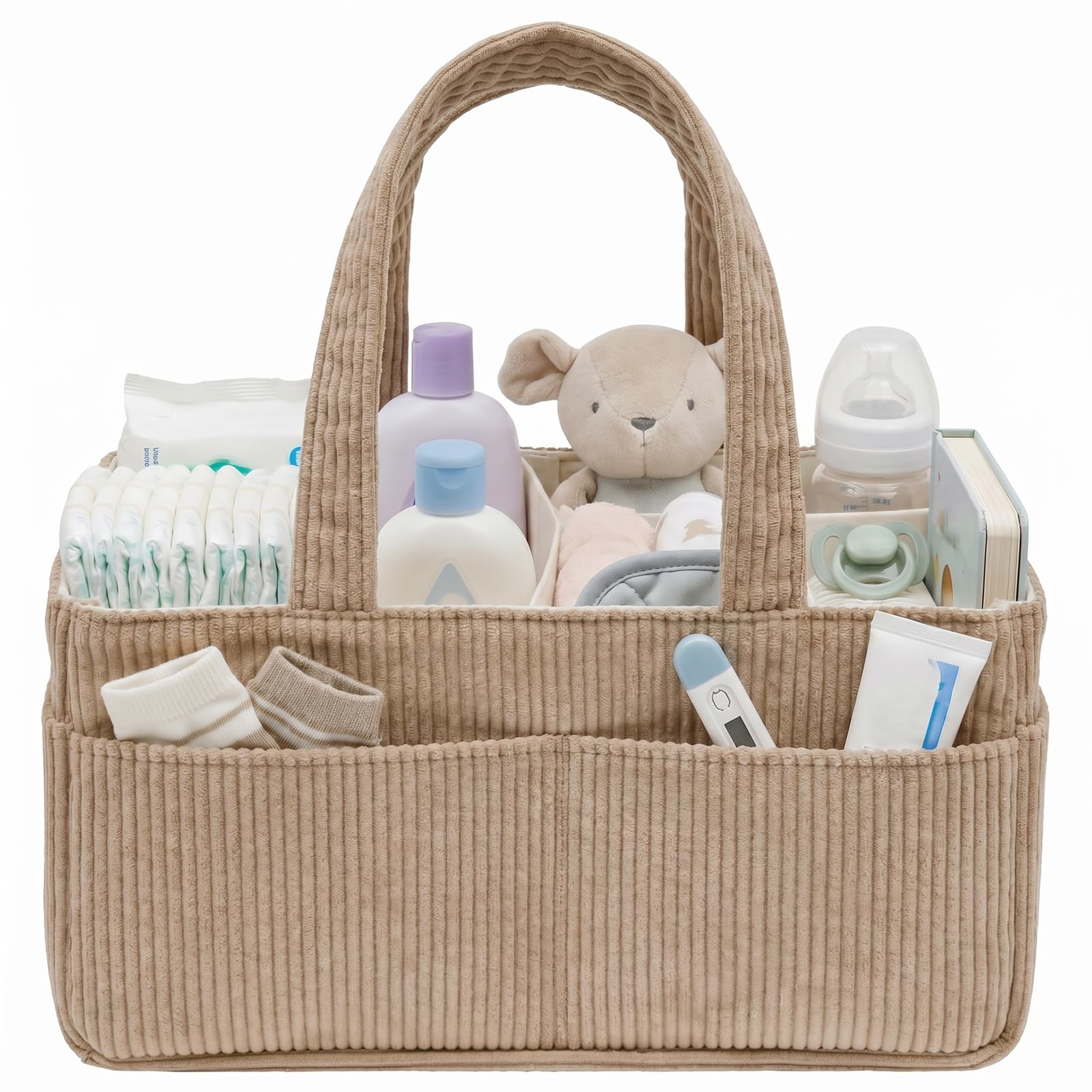 Baby Diaper Caddy Organizer for Changing Table, Portable Corduroy Nappy Storage Basket with Handle, Newborn Essentials Must-Haves, Baby Shower Gifts for Boys Girls Nursery Car Storage Bag(Khaki)