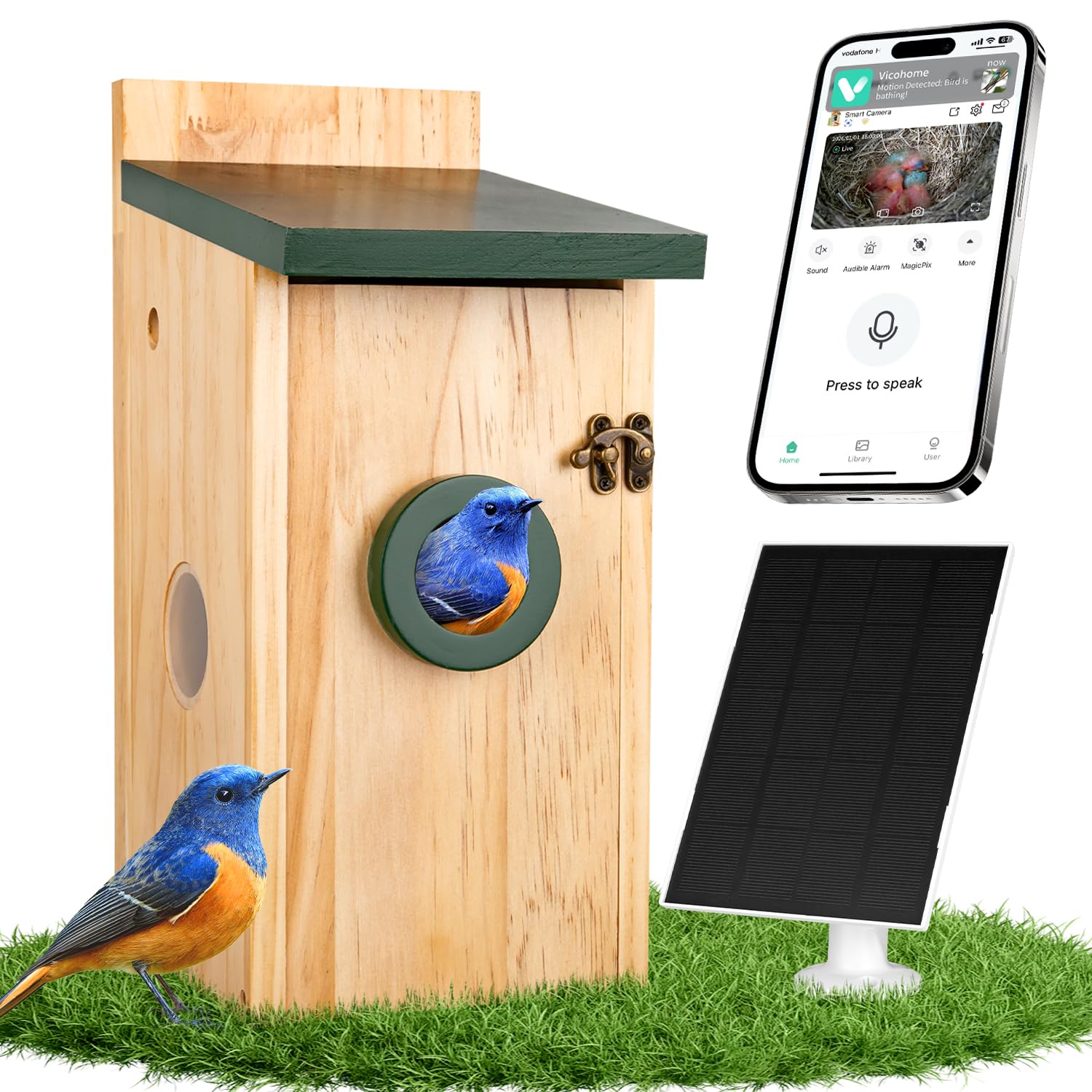 Smart Bird House with Camera, Solar Powered Bird House for Outdoor with 2K HD Cam, 2.4G WiFi, Night Vision, Motion Detection & 16GB SD, Watch Bird Nesting & Hatching in Real Time, Waterproof, Green