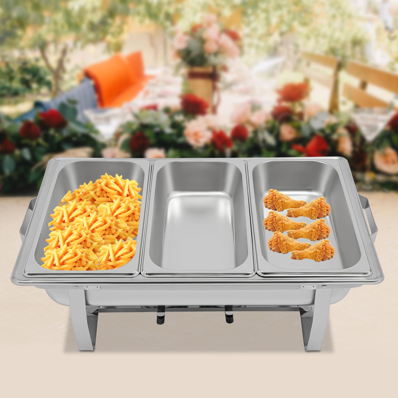 Scaldavivande in acciaio inox con 3 scomparti | Scaldavivande per buffet con bagnomaria e supporto per combustibile, contenitore termico per catering, feste ed eventi