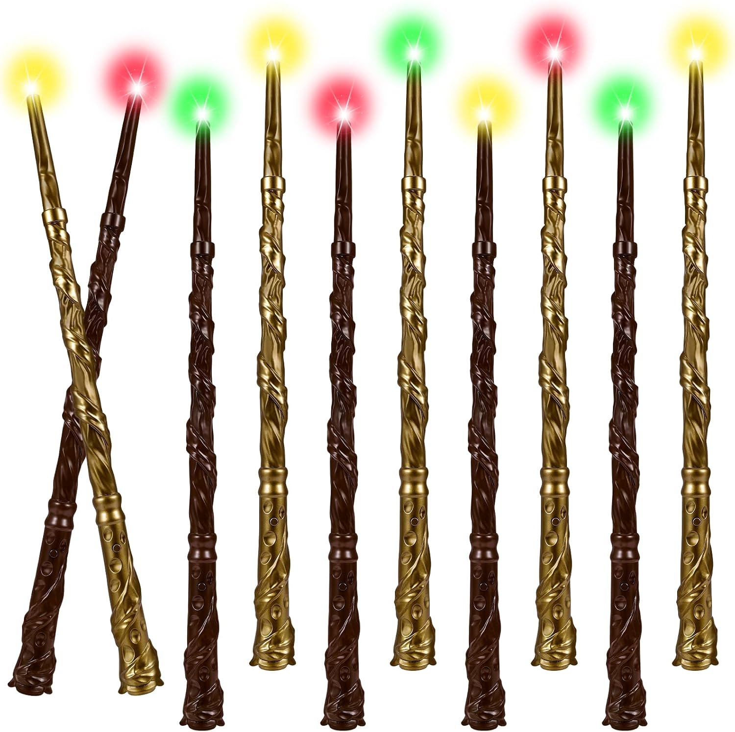 Light Up Wizard Wand with Color Lights & Sounds - 10 Pack Illuminating Magic Witch Sorcerer Toy Wand Set for Kids Cosplay Birthday Party Favors, Brown