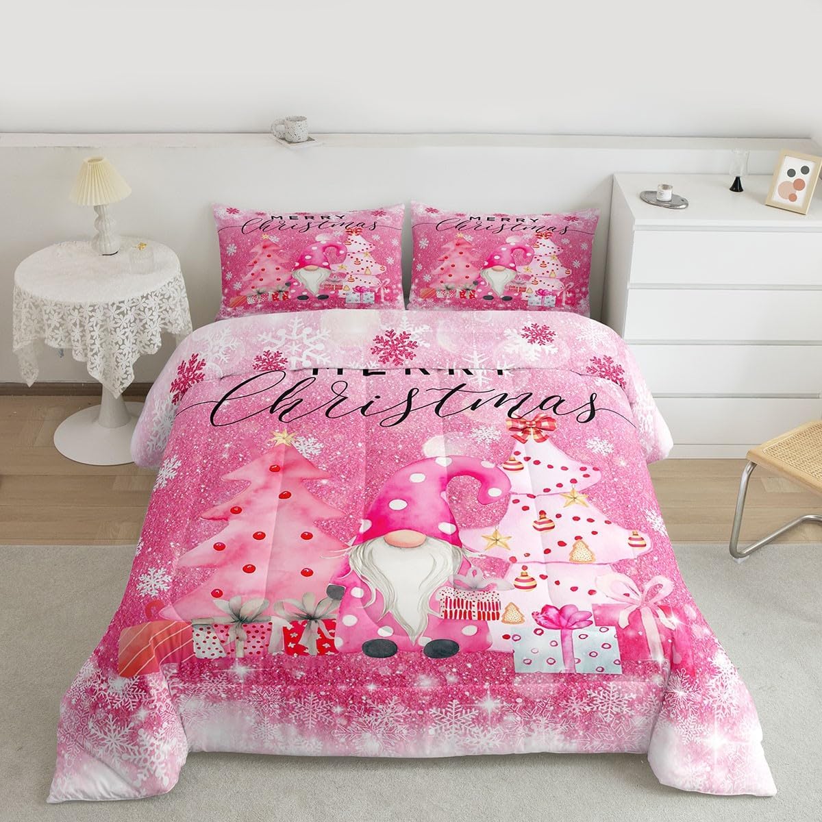 Castle Fairy Girly Christmas Comforter Set Queen Size,Pink Gnome Xmas Pine Trees Gift Bedding Set for Women Adult,Snowflake Stars Glitter Sparkling Luxury Bed Duvet Insert, 2 Pillowcases