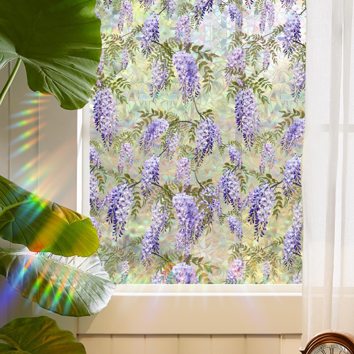 Runtoo Window Privacy Film Rainbow Purple Flower Window Clings 3D Decorative Vinyl Stained Glass Wisteria Floral Decals Static Cling Sticker Non-Adhesive, 15.75 x 40 inches