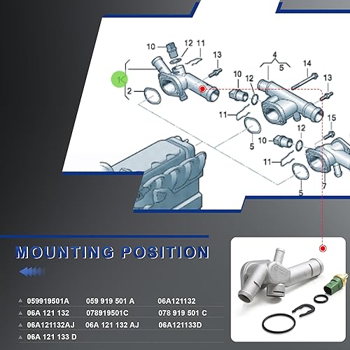 Miniatura 4 de 06A121132 059919501A Brida de refrigerante de agua de aluminio y sensor de temperatura del motor Remitente compatible con Audi A3 VW Golf Bora Polo