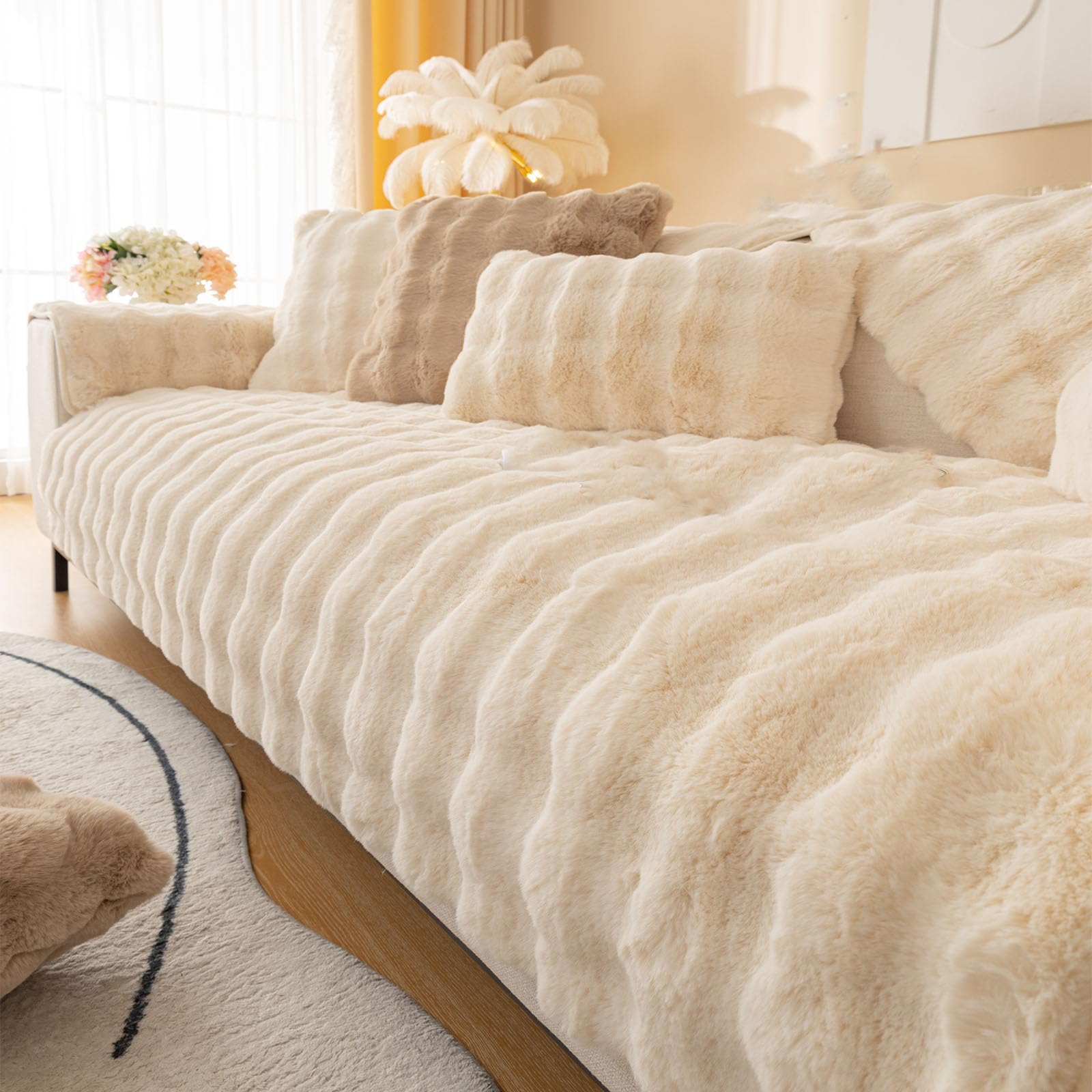 Nitoope Rabbit Plush Sofa Cover 1 2 3 Seater, Soft Warm Sofa Slipcover For Corner L Shape, Funny Fuzzy Sofa Cover, Non-Slip Velvet Sofa Cushion Covers, Thick Furniture Protector