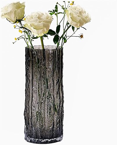 Florero de cristal negro de 9.8 pulgadas, jarrón de cristal glaciar, jarrón cilíndrico bohemio acanalado para centro de mesa, sala de estar, cocina,