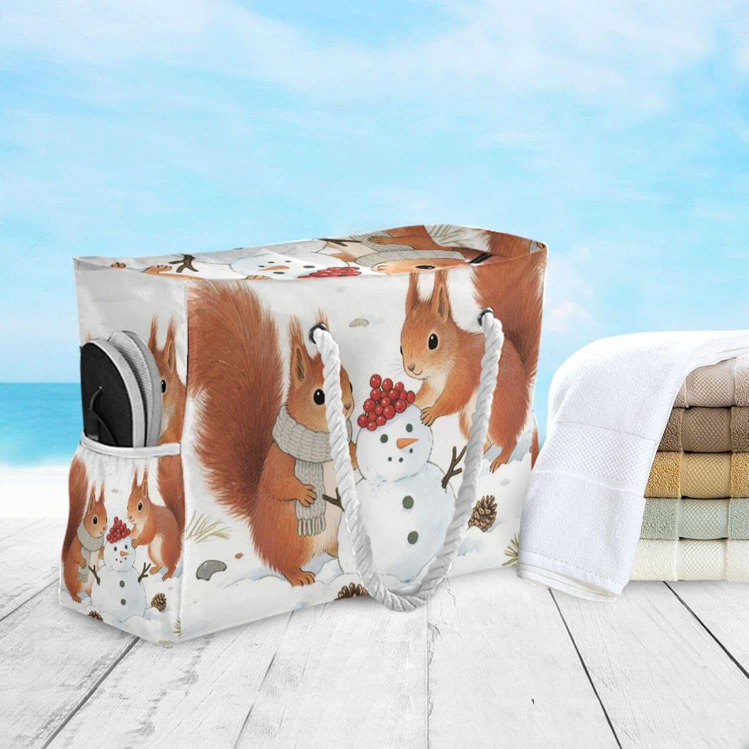 OTVEE Squirrels with Snowman Pattern Beach Bags for Women Ladies Large Canvas Tote Shoulder Bag Waterproof Travel Bags for Gym Swim Pool Camping