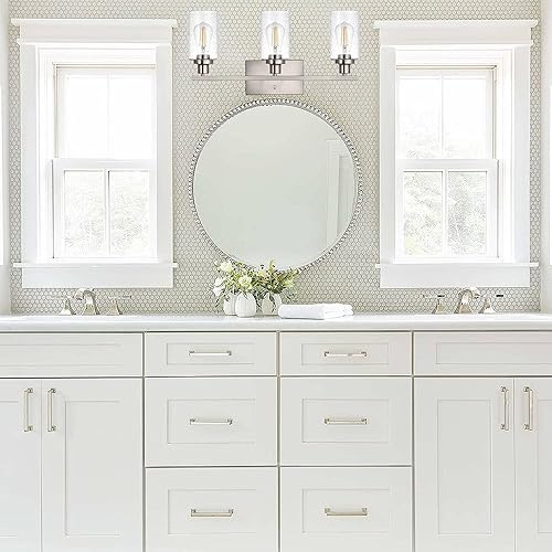 Miniatura 3 de WINSHEN Lámparas de baño de 3 luces de vidrio semillado en acabado de níquel cepillado, iluminación de tocador de 23.6 pulgadas, lámpara de montaje