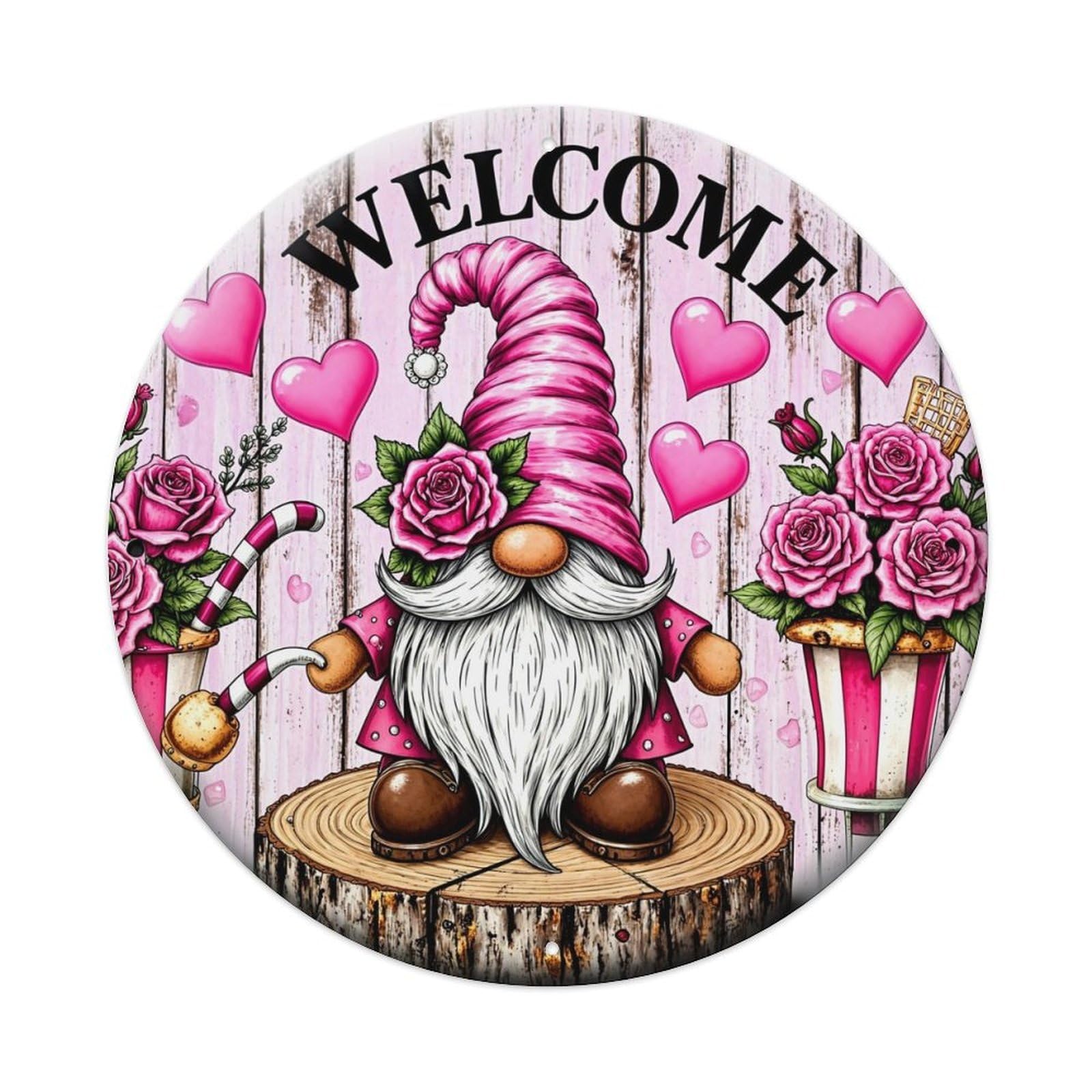 Welcome Gnome Pink Roses Hearts Round Metal Tin Sign Vintage Wall Decor, Bar Garage Cafe Kitchen Home Wall Art Poster 8x8inches