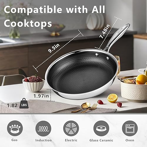 Miniatura 7 de Sartenes antiadherentes de 9.5 pulgadas, sartén de acero inoxidable, sartén de cerámica con mango que se mantiene fresco, no tóxico, sin PFAS PFOA