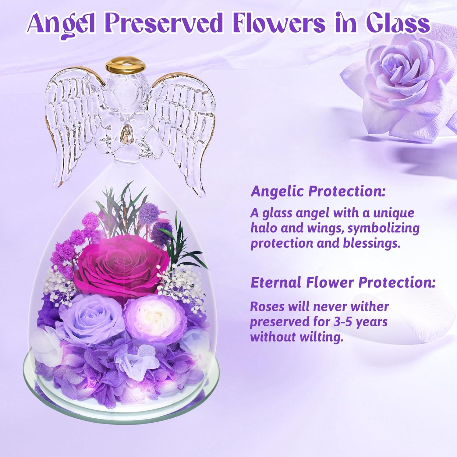 Preserved Flowers Forever Rose in Glass Valentines Day Gifts Angel Figurine Eternal Fresh Flower with 3 Pcs Real Rose Mother's Day Christmas Anniversary Birthday for Her Mom Grandma Friends Purple - Image 3
