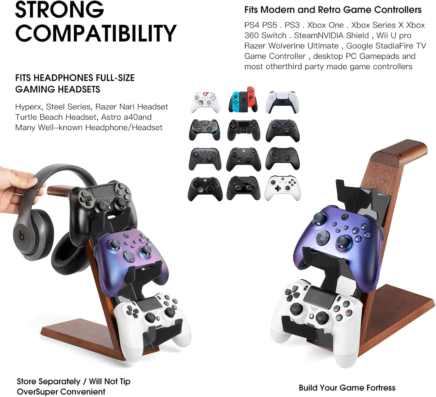 3 Tier Wood Controller Stand Compatible with PS4 PS5 ONE Switch,ps5 Controller Holder Headset pc Gaming Accessories,Video Game Controller Holder for Desk(Brown Wood)
