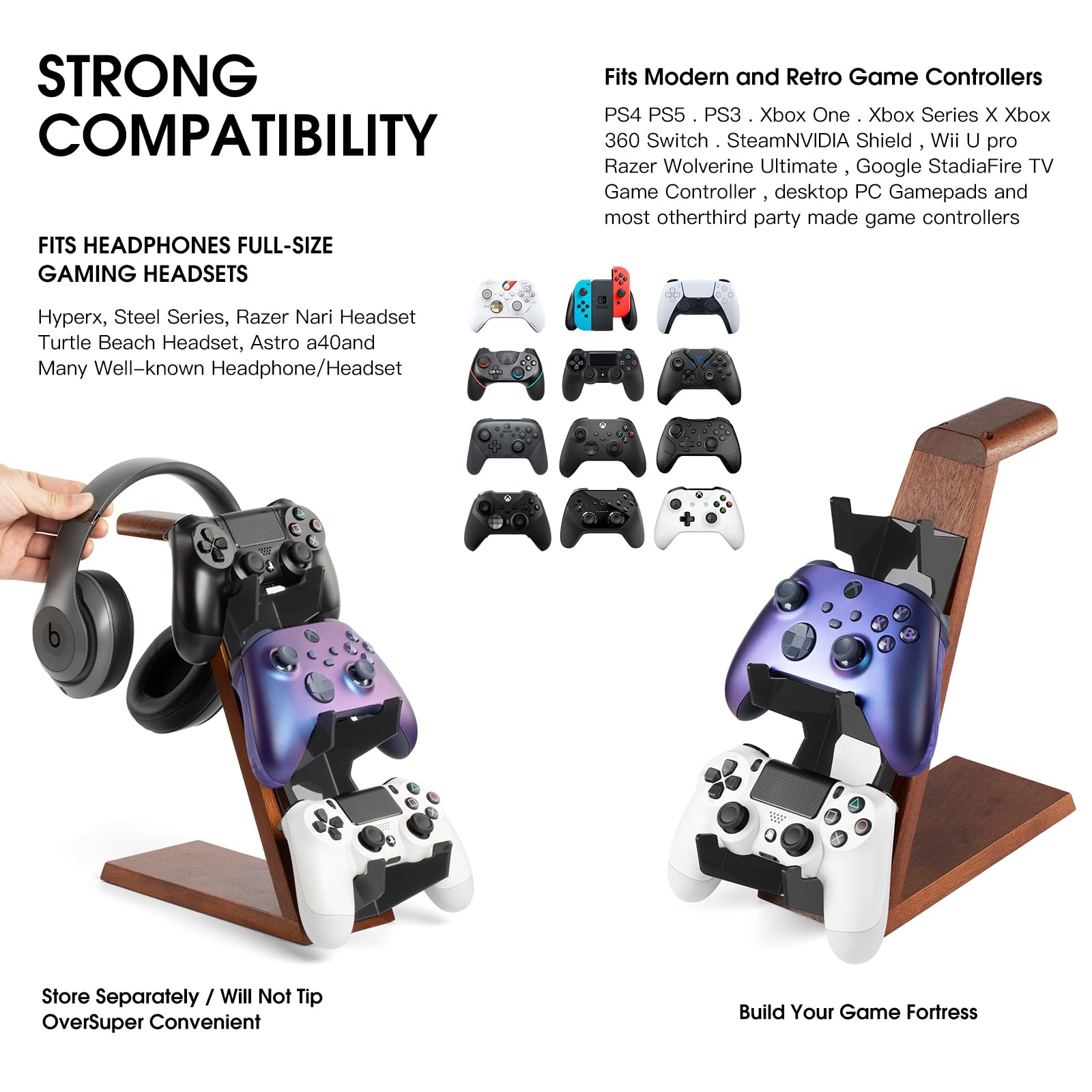 3-stöckiger Holz-Ständer, kompatibel mit PS4, PS5, One-Switch, PS5-Controller-Halterung, Headset, PC-Gaming-Zubehör, Videospiel-Controller-Halter für Schreibtisch (braunes Holz)