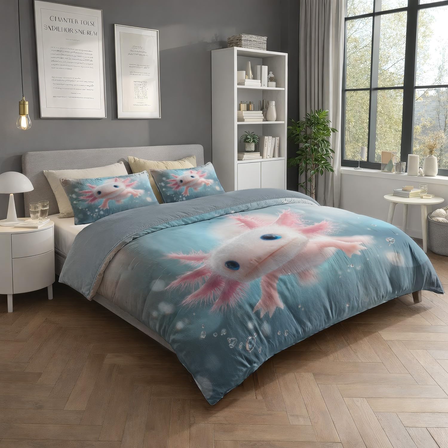 Funda Nórdica Cama 90 Funda de Edredón Azul de Microfibra Juego de Cama para Adulto Dibujos Animados Animales Salamandra Reversible Ropa de Cama con Cremallera y Fundas de Almohada 50x75 CM