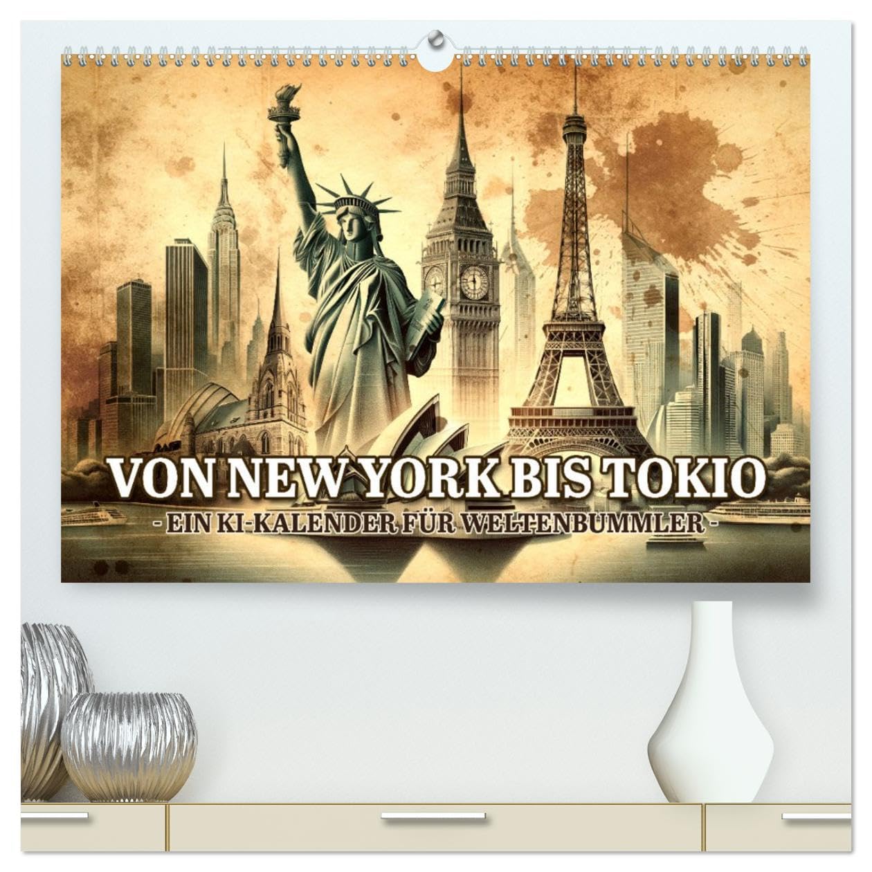 Von New York bis Tokio - Ein KI-Kalender für Weltenbummler (hochwertiger Premium Wandkalender 2026 DIN A2 quer), Kunstdruck in Hochglanz: Weltreise in Pinselstrichen (CALVENDO Orte)