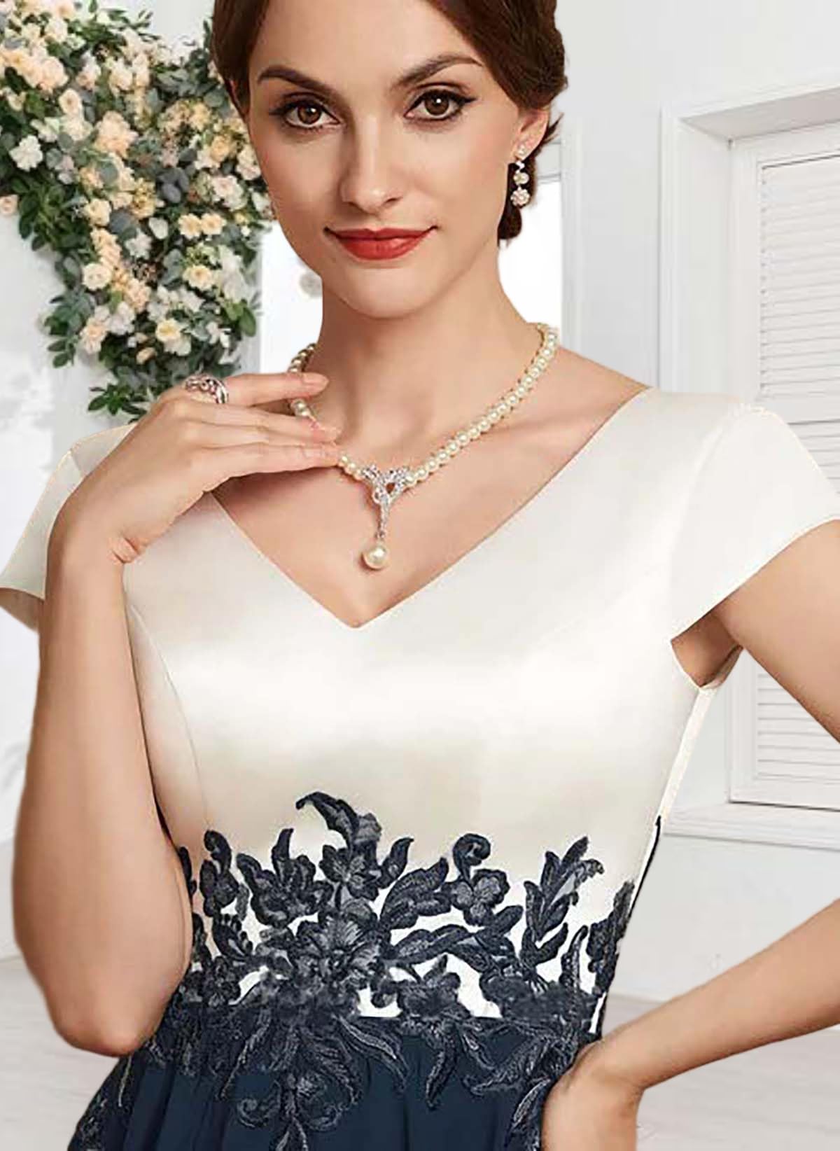 HUINI Damen Brautmutterkleider für Hochzeit Tee Länge V-Ausschnitt Chiffon Applikationen Spitze Hochzeitsgastenkleid formelles Abendkleid Elegant Für Hochzeit