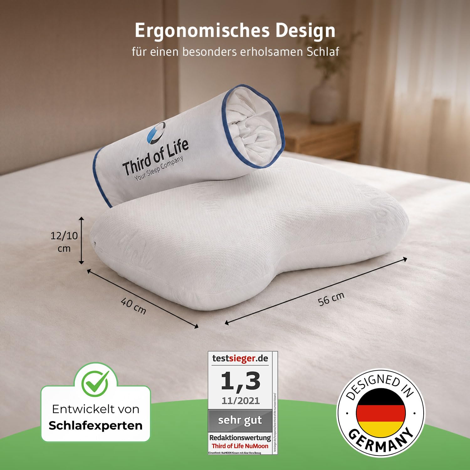 Ergonomisches Seitenschläferkissen NuMOON, Memory Foam Kopfkissen mit PureAir Effekt gegen Milben & Gerüche, HWS Nackenstützkissen mit hautpflegendem Aloe Vera Kissen-Bezug, Ideal für Allergiker