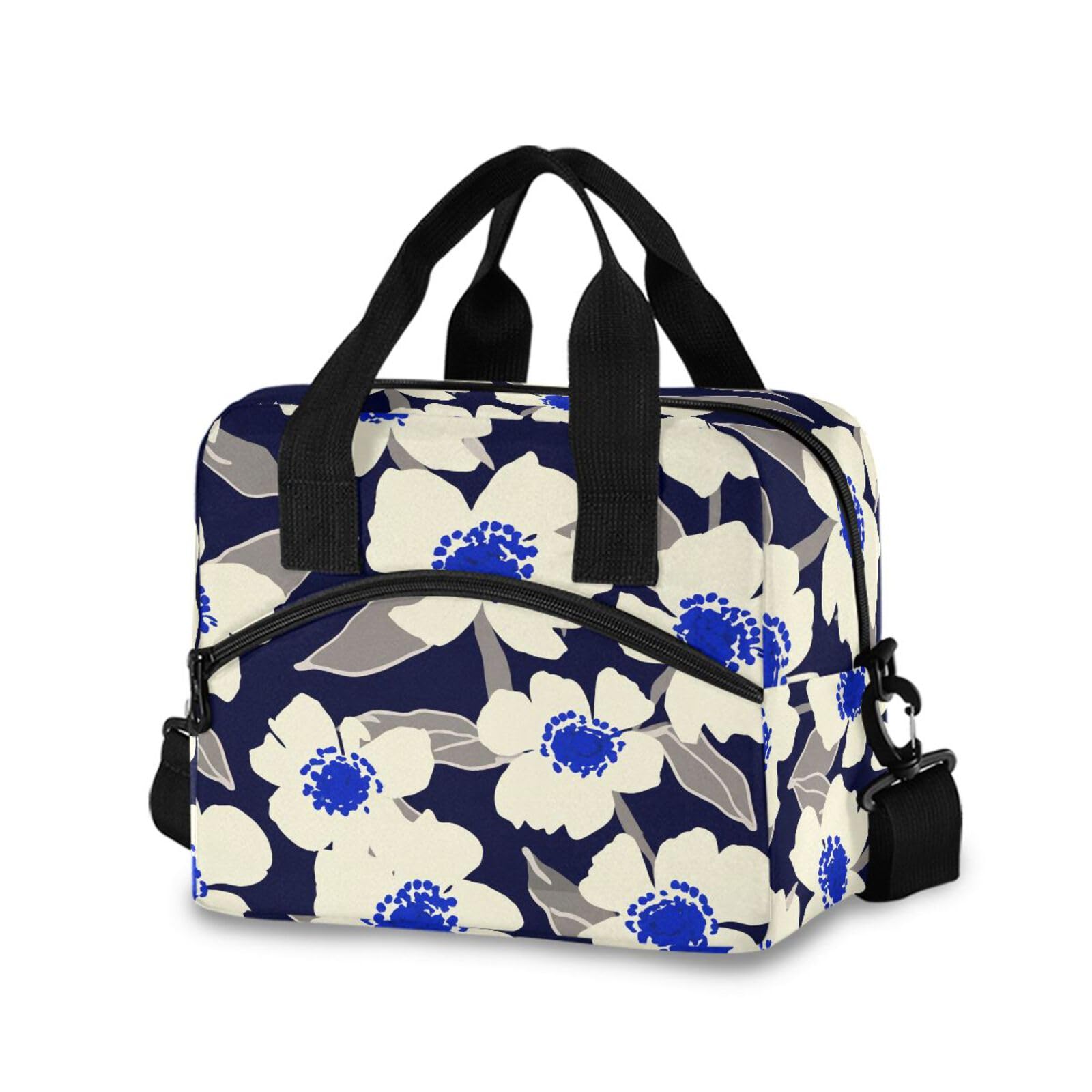 Sinestour Insulated Lunch Bag Reusable Cooler Blue Flower Leaves Lunch Box Adjustable Shoulder Strap for Adults Men Women