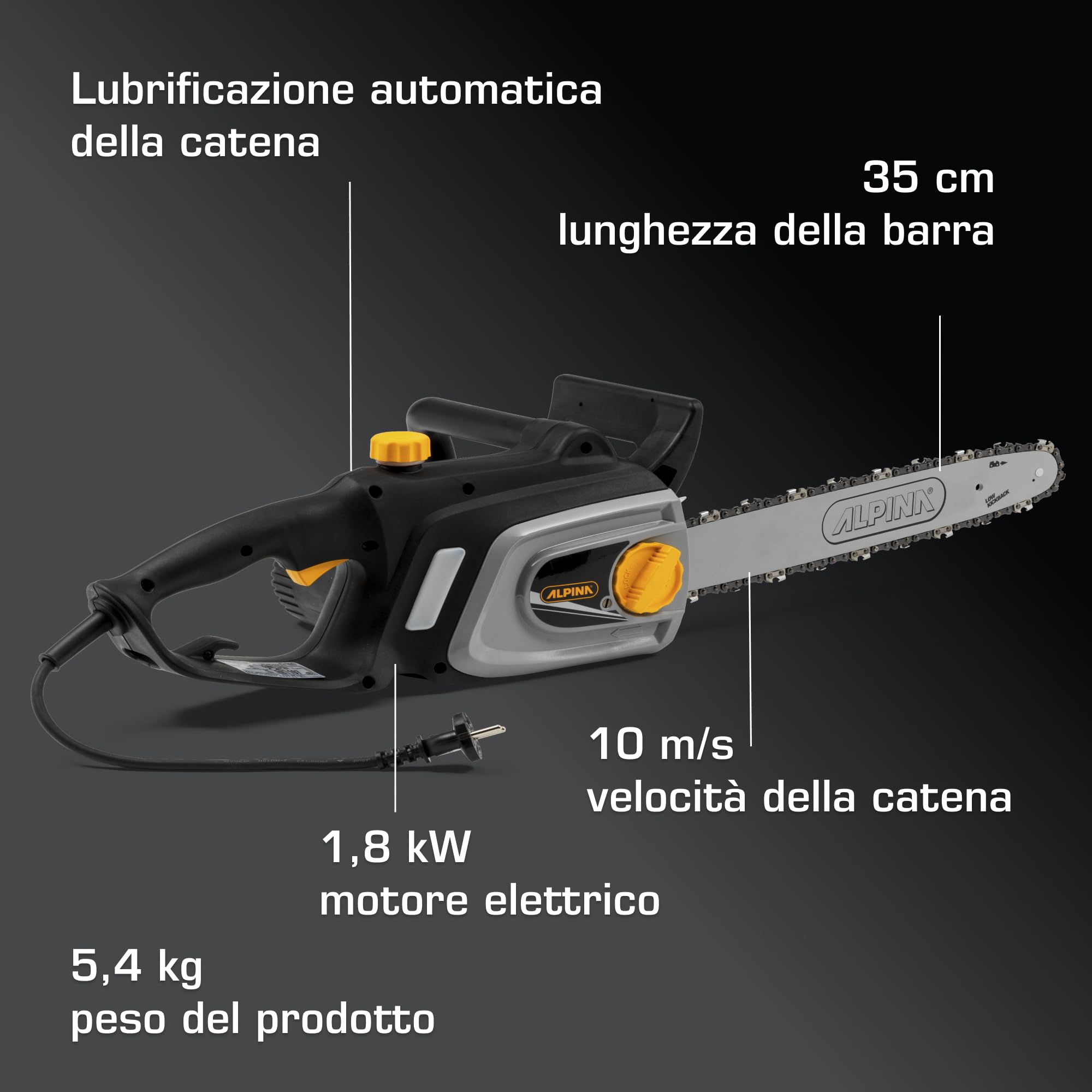 Alpina ACS 181 E Motosega Elettrica, 1800 W, 35 cm – Freno Catena Doppia Azione, Lubrificazione Automatica – Uso Domestico