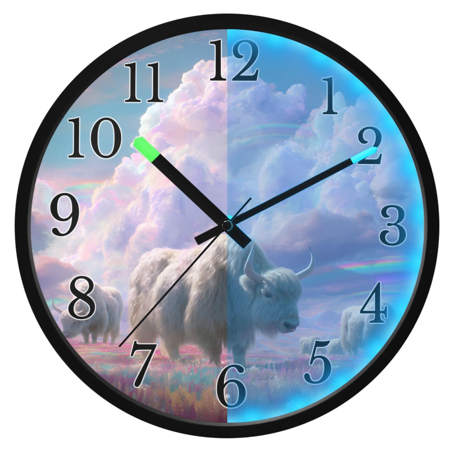 Mnsruu Yak Rainbow - Reloj de pared luminoso para dormitorio, funciona con pilas, silencioso, brilla en la oscuridad, para sala de estar, cocina, 12 pulgadas