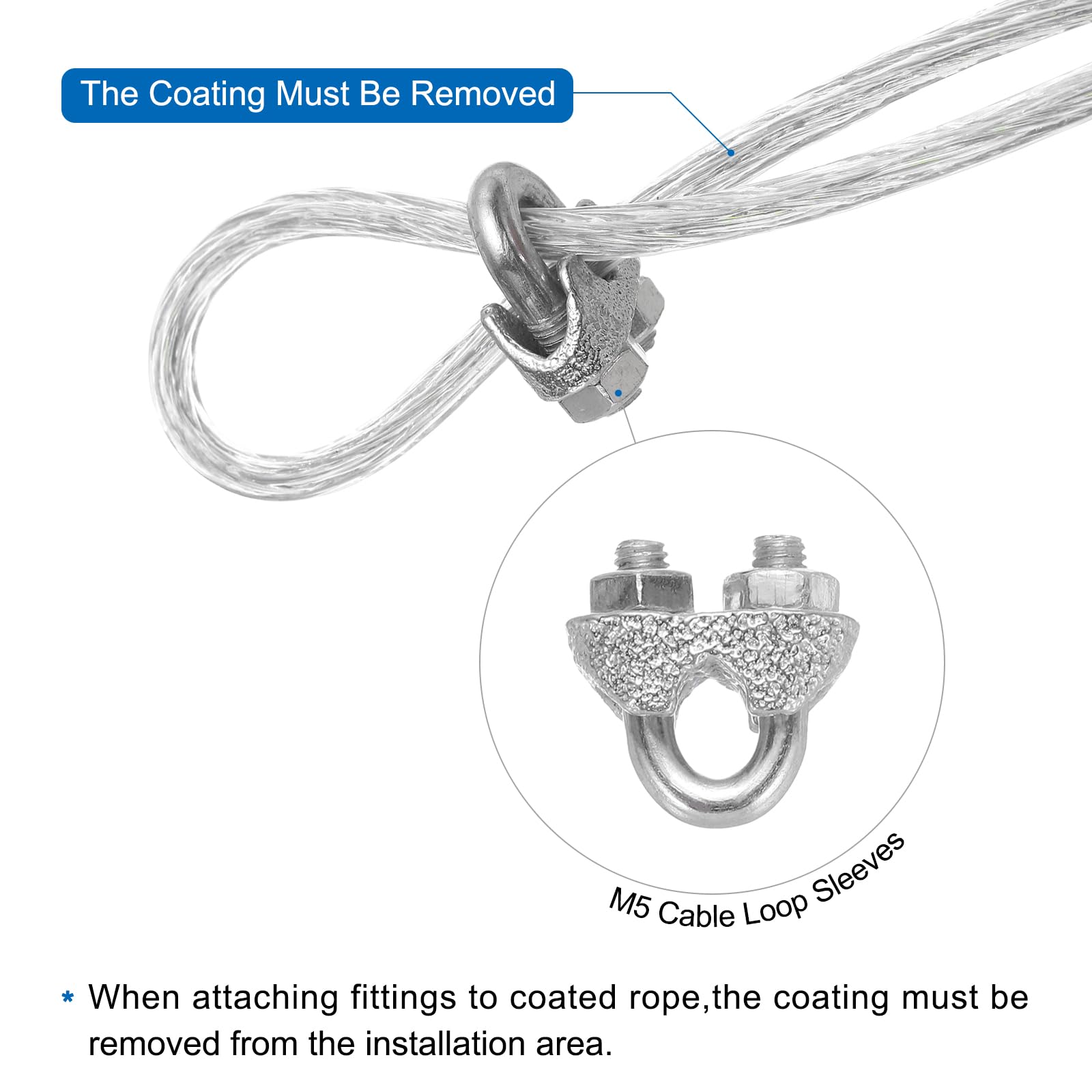 QUARKZMAN 4mm (5/32") Cavo Acciaio Rivestito Trasparente, 60m/197ft Cavo Acciaio Zincato con 8Pz M5 Maniche a Anello Morsetti Stendibiancheria per Appendere Luci Corda, Ringhiere Ponti