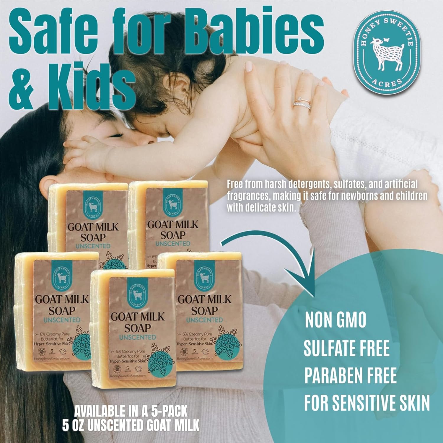 Honey Sweetie Acres 5-Pack Unscented Goat Milk Soap - Handmade 5 oz Bar, Made with Natural Ingredients, Moisturizing & Gentle, Made in the USA