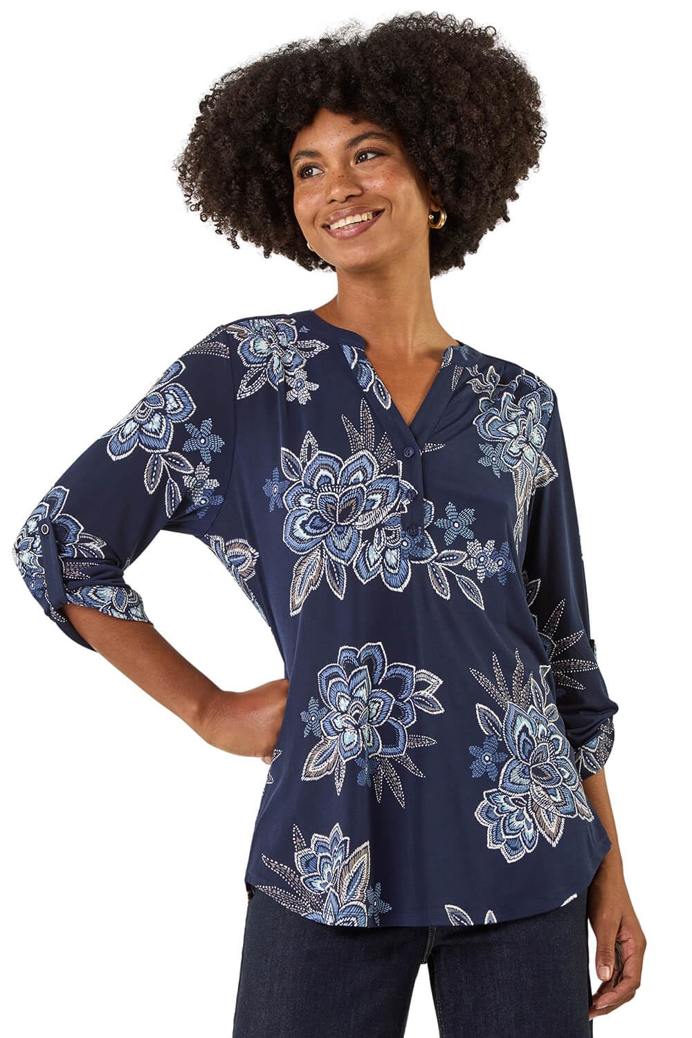 Roman Shirt for Women UK Ladies Top Collarless Blouse Stretchy Tunic Smart Casual Autumn Winter Jersey 3/4 Length Sleeve Notch V Neck Flattering Office Work