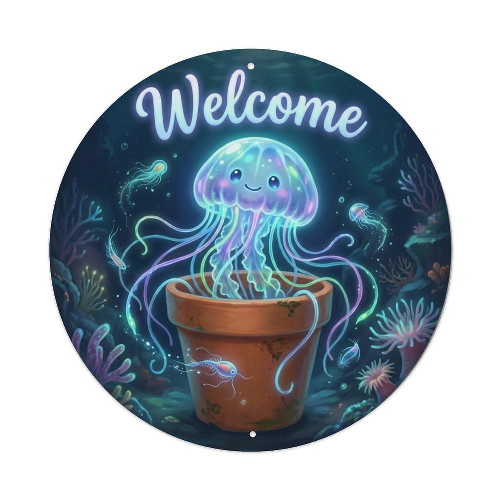 Metal Tin Sign Welcome Jellyfish Deep Blue