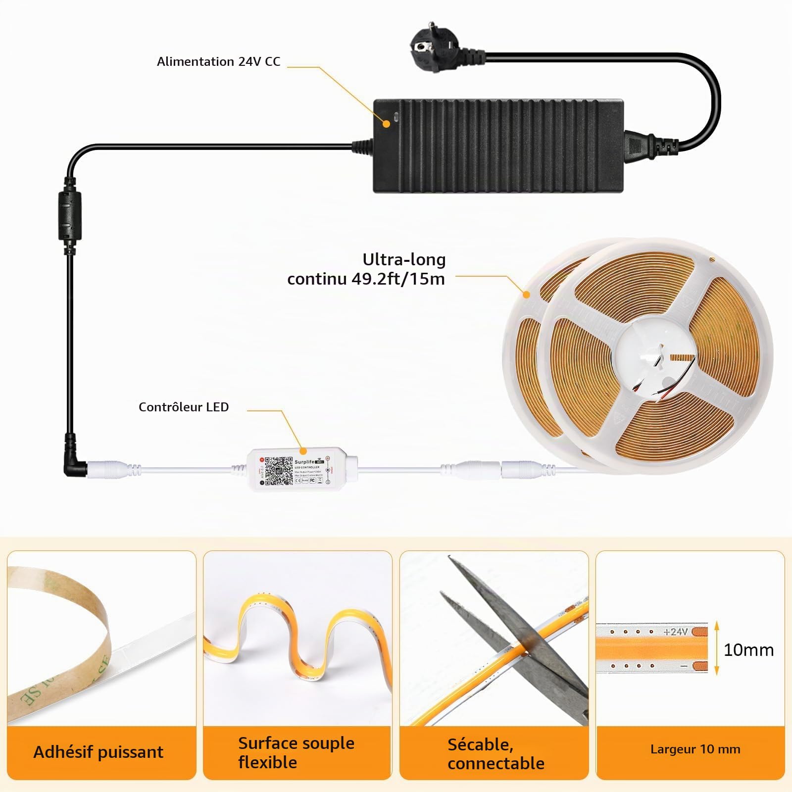 Ruban LED COB 3000K, 15M DC24V Bande LED Blanc Chaud avec Alimentation, 384LEDs/M, CRI 90+, Largeur 10mm, Bande Lumineuse COB Dimmable pour Chambre, Décoration de la Maison