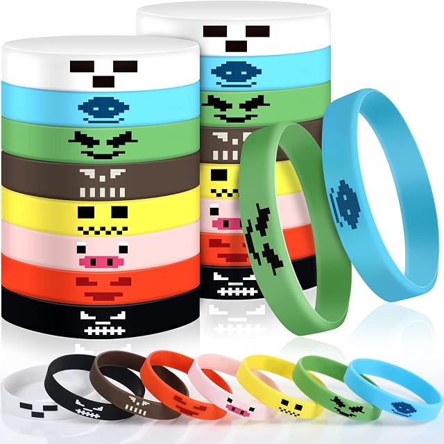 Hicarer 24 Pieces Pixel Miner Style Character Wristband Bracelets Silicone Wristbands, Pixel Theme Bracelet Designs for Boys and Girls Mining Themed Style Party Supplies, 8 Designs