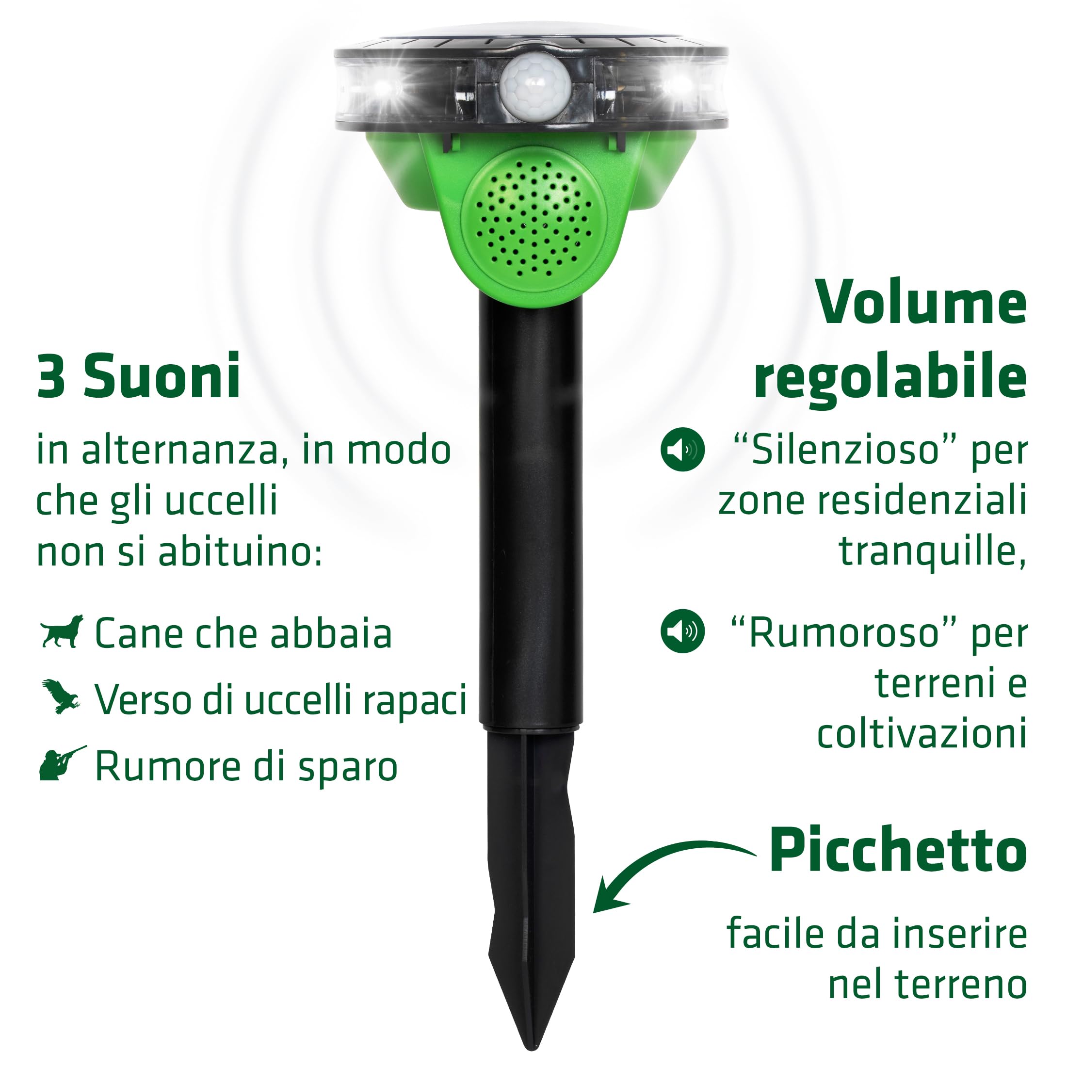 Gardigo® Repellente per Uccelli: Spaventapasseri a Energia Solare | Repellente per Piccioni, fino 60m² | Rilevatore Movimento | 3 Suoni, Luce LED | Resistente alle Intemperie | Scaccia Uccelli, Corvi