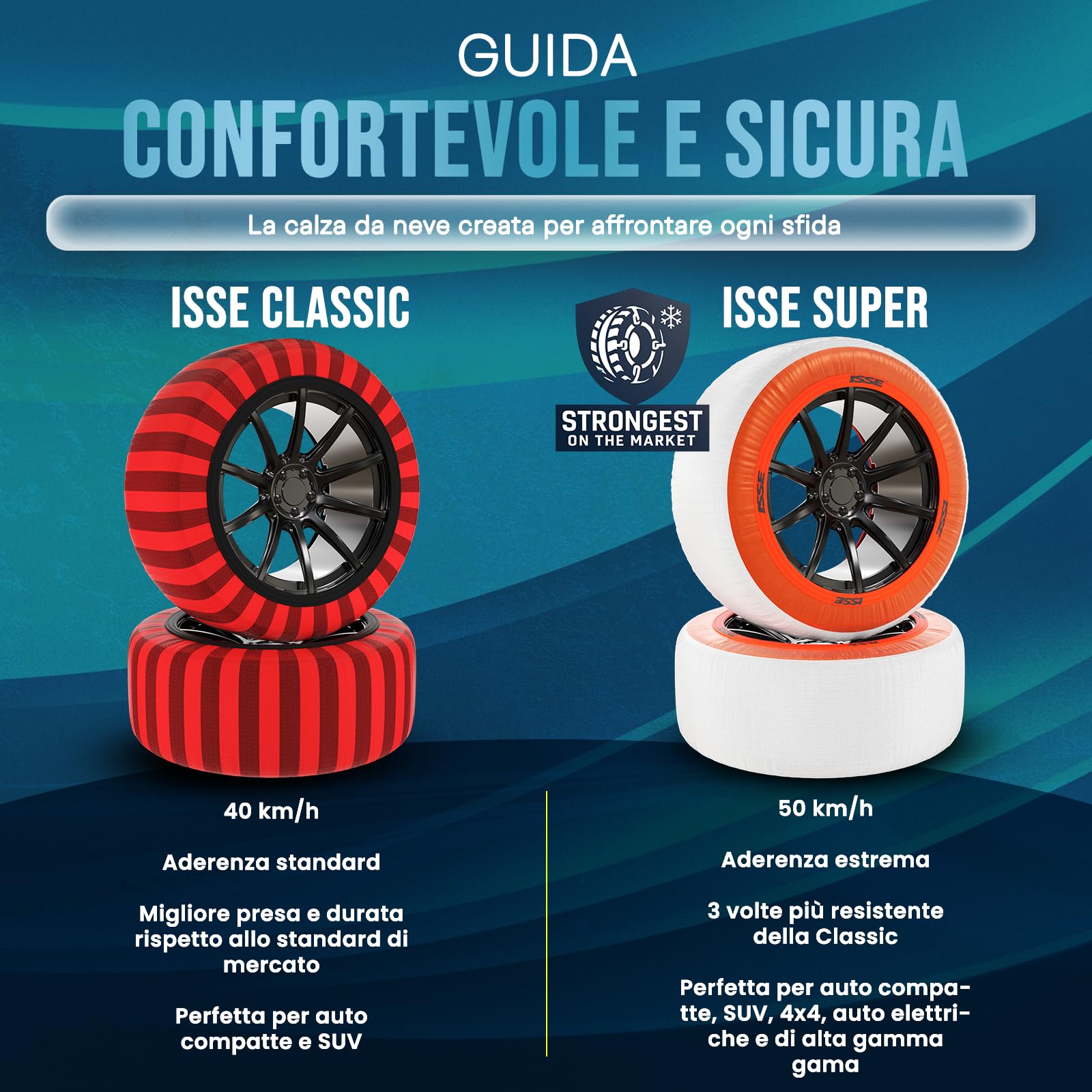 ISSE Calze da Neve Omologate Italia EN 16662-1 – 2 Catene da Neve in Tessuto per Auto Facili da Installare - Resistenti - Guanti Inclusi T70