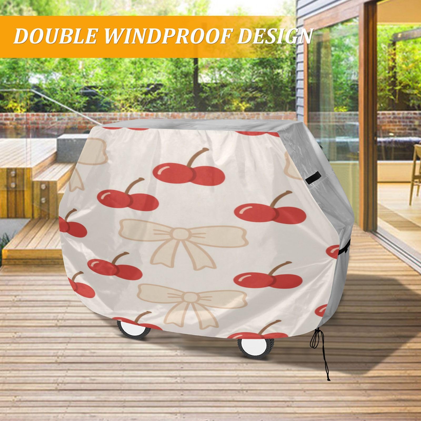 Pokrowiec na grilla na patio, 150 cm, wytrzymały, odporny na blaknięcie i promieniowanie UV, na zewnątrz, na patio, pokrowiec na grill, kreskówka, wiśnia, beżowa